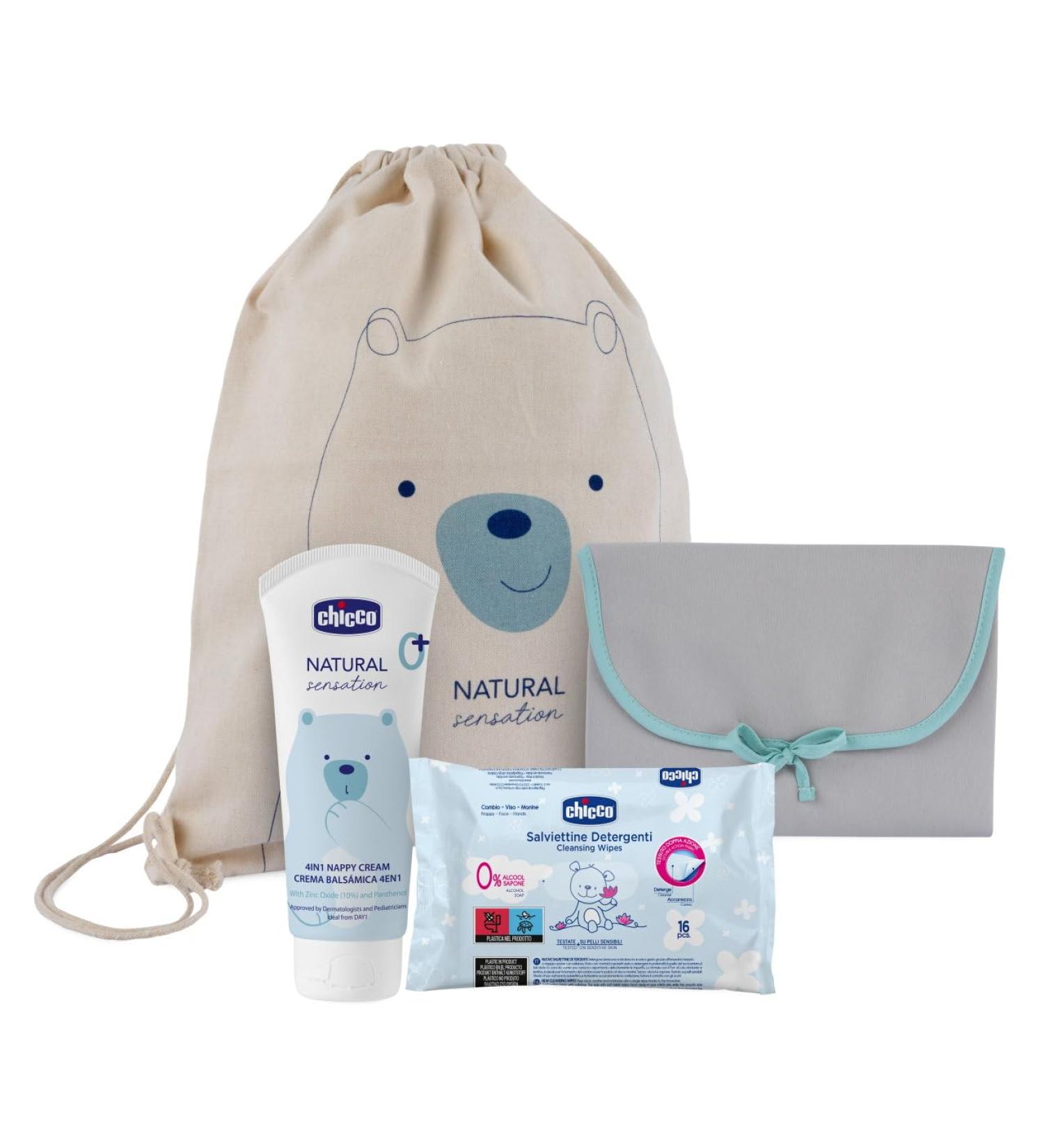 Chicco Natural Sensation Gift Set | 100% Cotton Pocket Diaper Mat 4-in-1 Cream & 16 Cleaning Towels - International Shipping Available - Buy Online on GoSupps.com