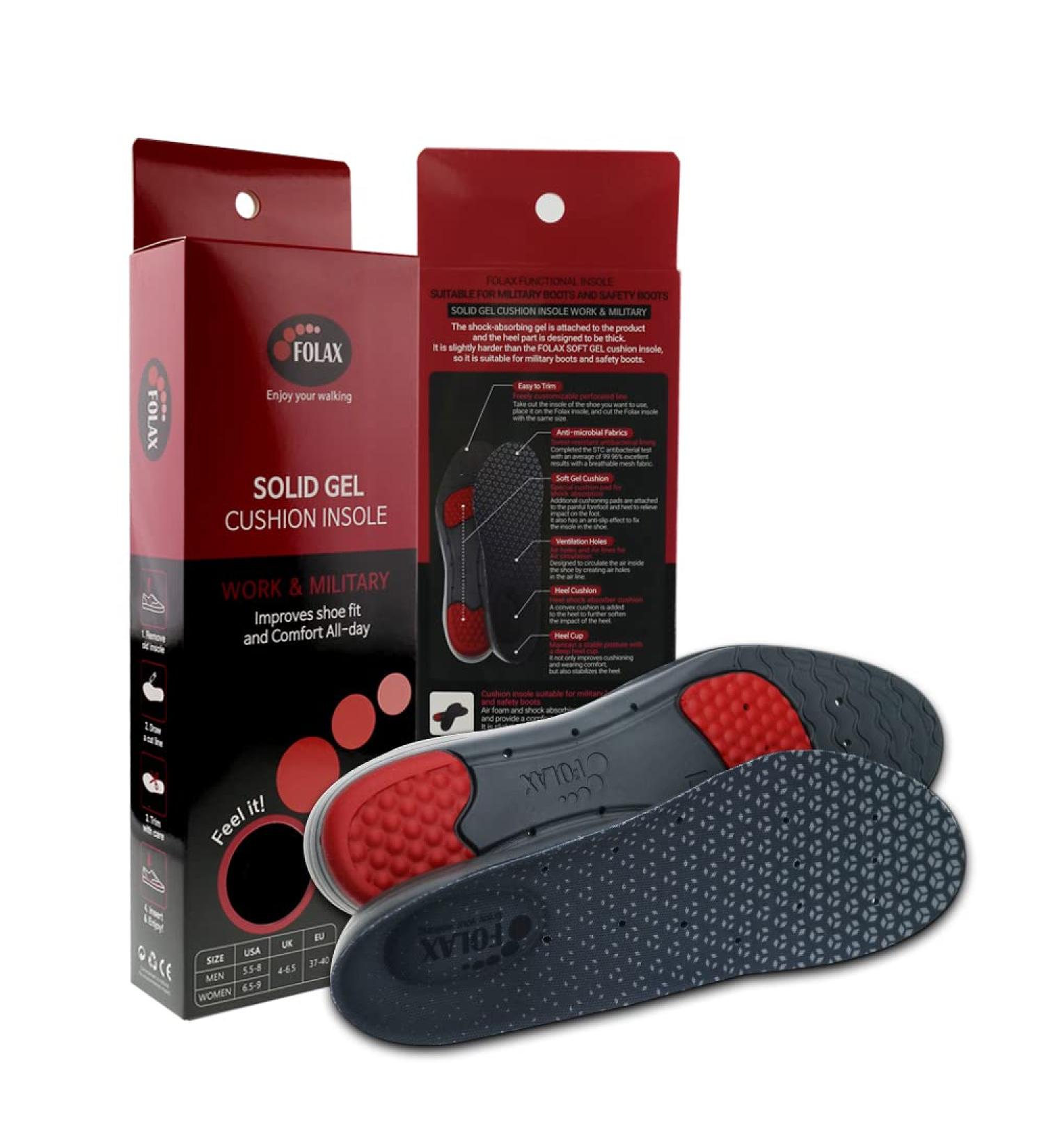 FOLAX Solid Gel Cushion Insoles - Large Size for Work & Military - Shock-Absorbing Arch Support Orthotics Inserts with Air Memory Foam - Buy Online on GoSupps.com