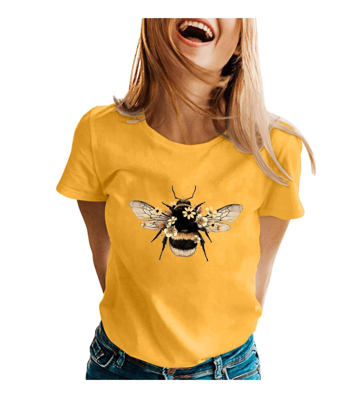 Elegant Oversize Bee Print Summer Blouse for Women | Casual Short Sleeve T-Shirt - Lightweight Yellow Top - Buy Online on GoSupps.com