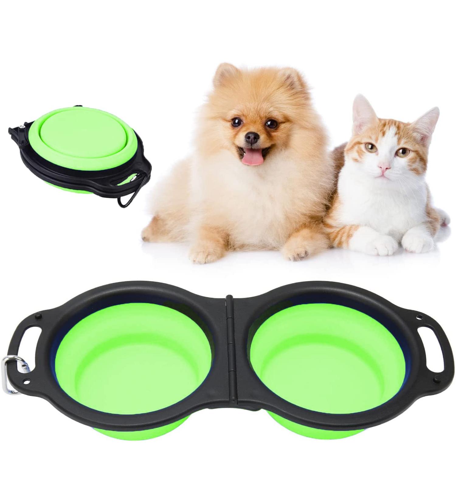 Collapsible Dog Bowls Portable Travel Pet Feeder Bowl 2 in 1 Expandable Silicone Pet Food & Water Double Bowl Cat Feeder Dish with Carabiner for Walking Travel and Outdoor Activities Green - Buy Online on GoSupps.com