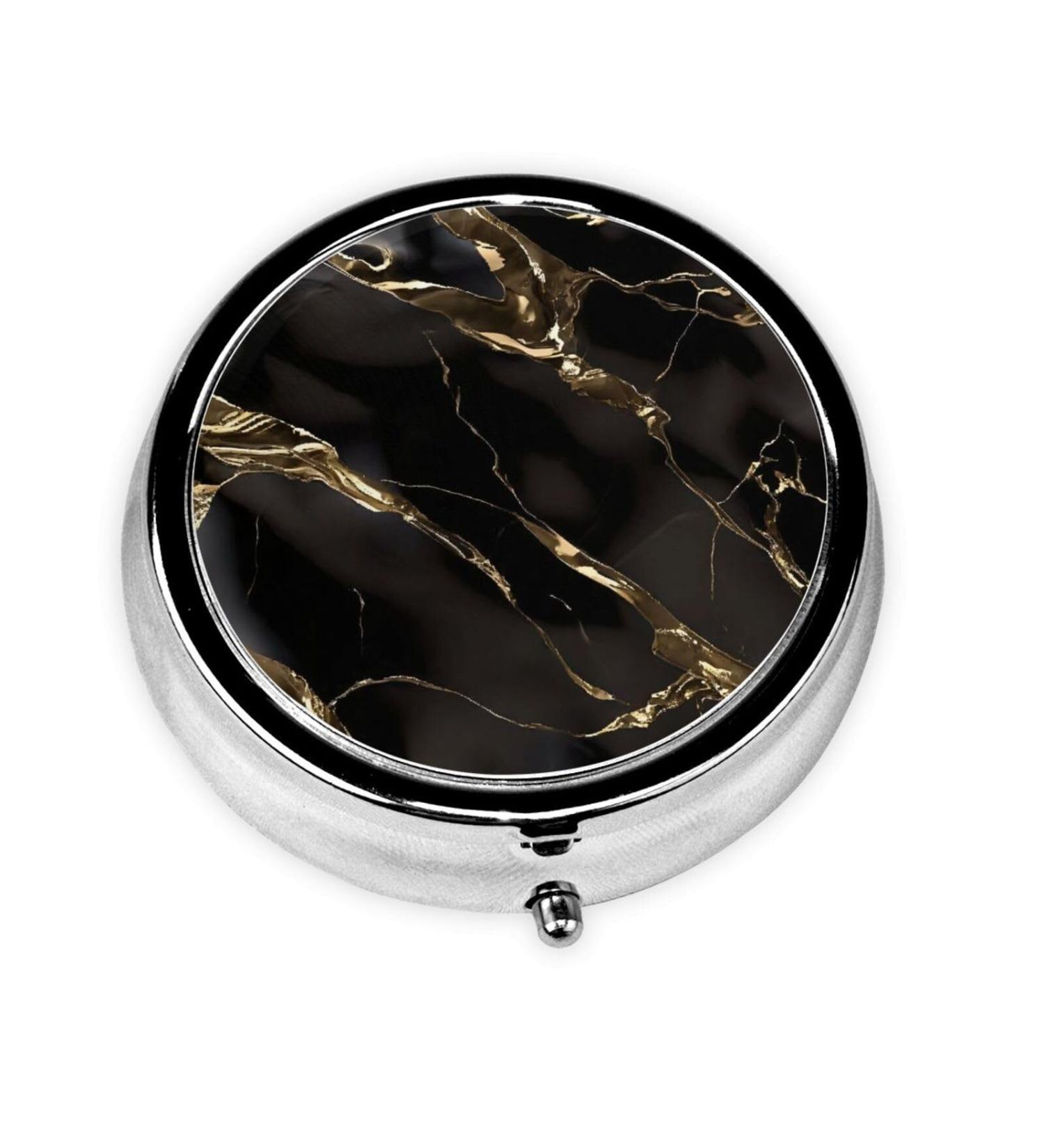 Black Gold Marble Portable Metal Pill Box - Round 3-Compartment Design Ideal for Small Pills & Travel | International Shipping Available - Buy Online on GoSupps.com