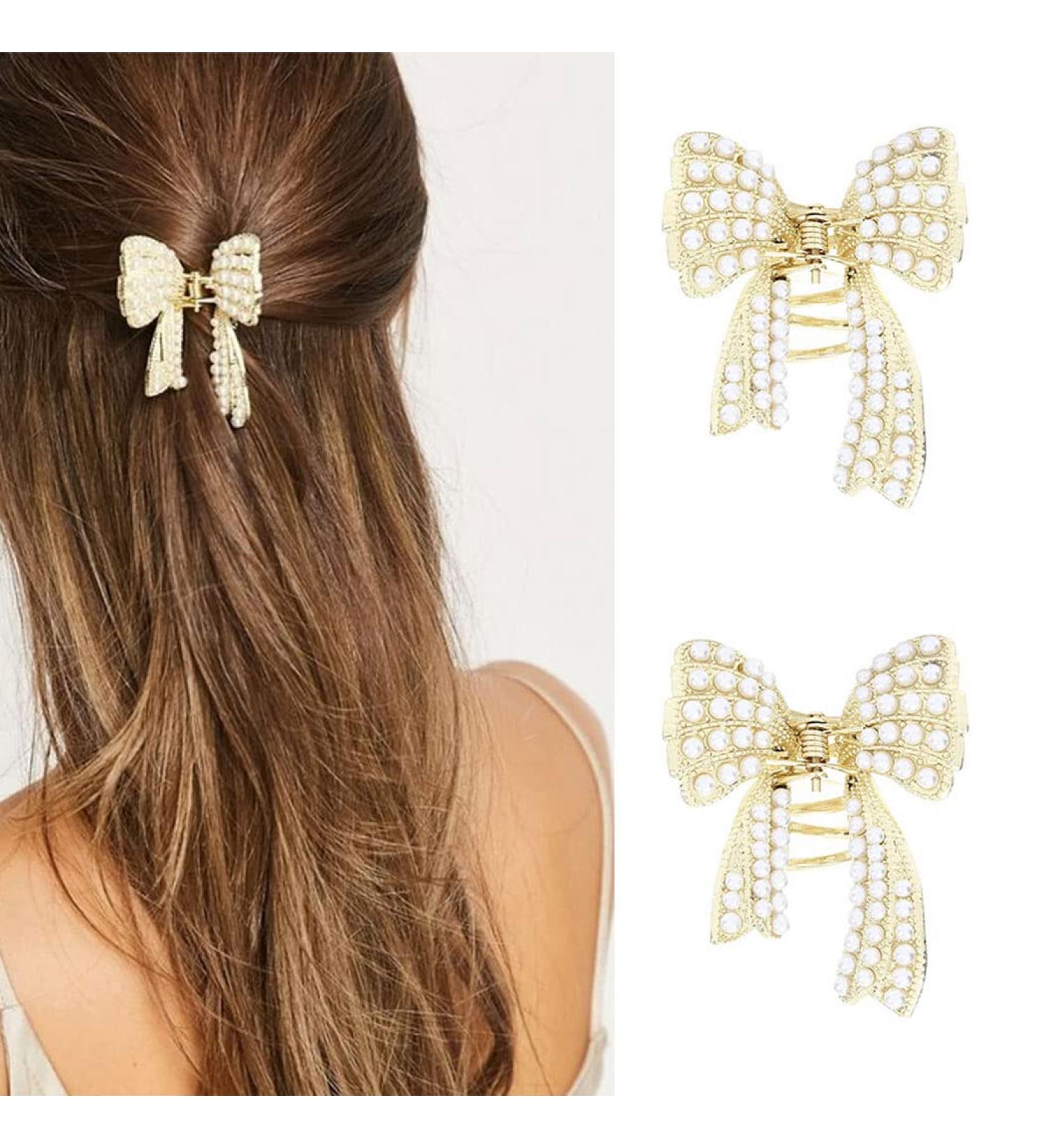 Brinie Pearl Hair Claw Clips - Gold Metal Bowknot Hair Styling Accessories for Women (2 Pack) - Buy Online on GoSupps.com