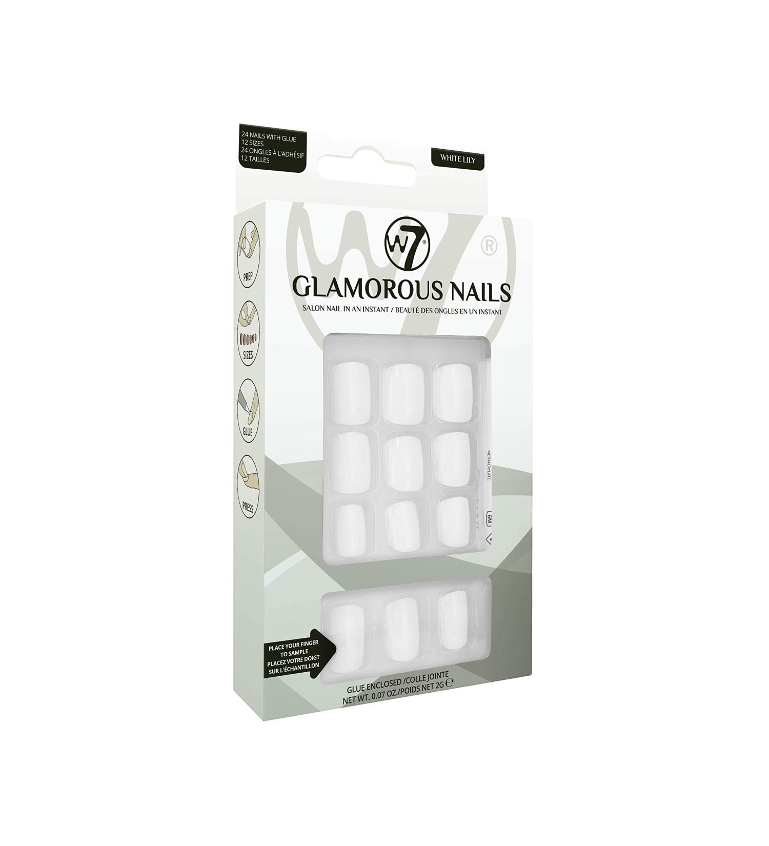 W7 Glamorous Nails - Salon Professional False Nails At Home - Glue Adhesive Included - Square Oval Shape - White Lily white 24 Piece Assortment - Buy Online on GoSupps.com