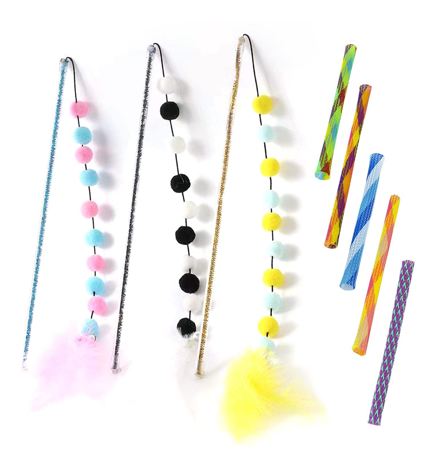 MUEEAD 3 Pcs Cat Teaser Wand With 5Pcs Long Tube Spring Cat Fur Ball Toy Cat Teaser Interactive Toy Feather Teaser Stick Fluffy Furball Teaser Stick Pet Toys - Buy Online on GoSupps.com
