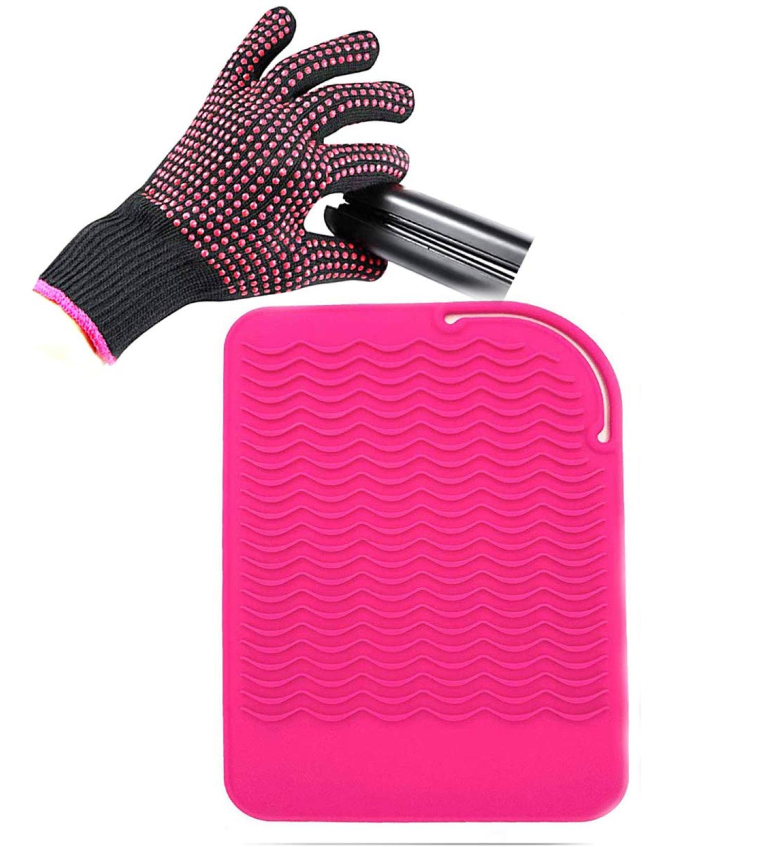 Heat Resistant Glove & Mat Set for Curling Irons, Hair Straighteners, Flat Irons - Pink Silicone Bump Glove & Mat Combo - Buy Online on GoSupps.com