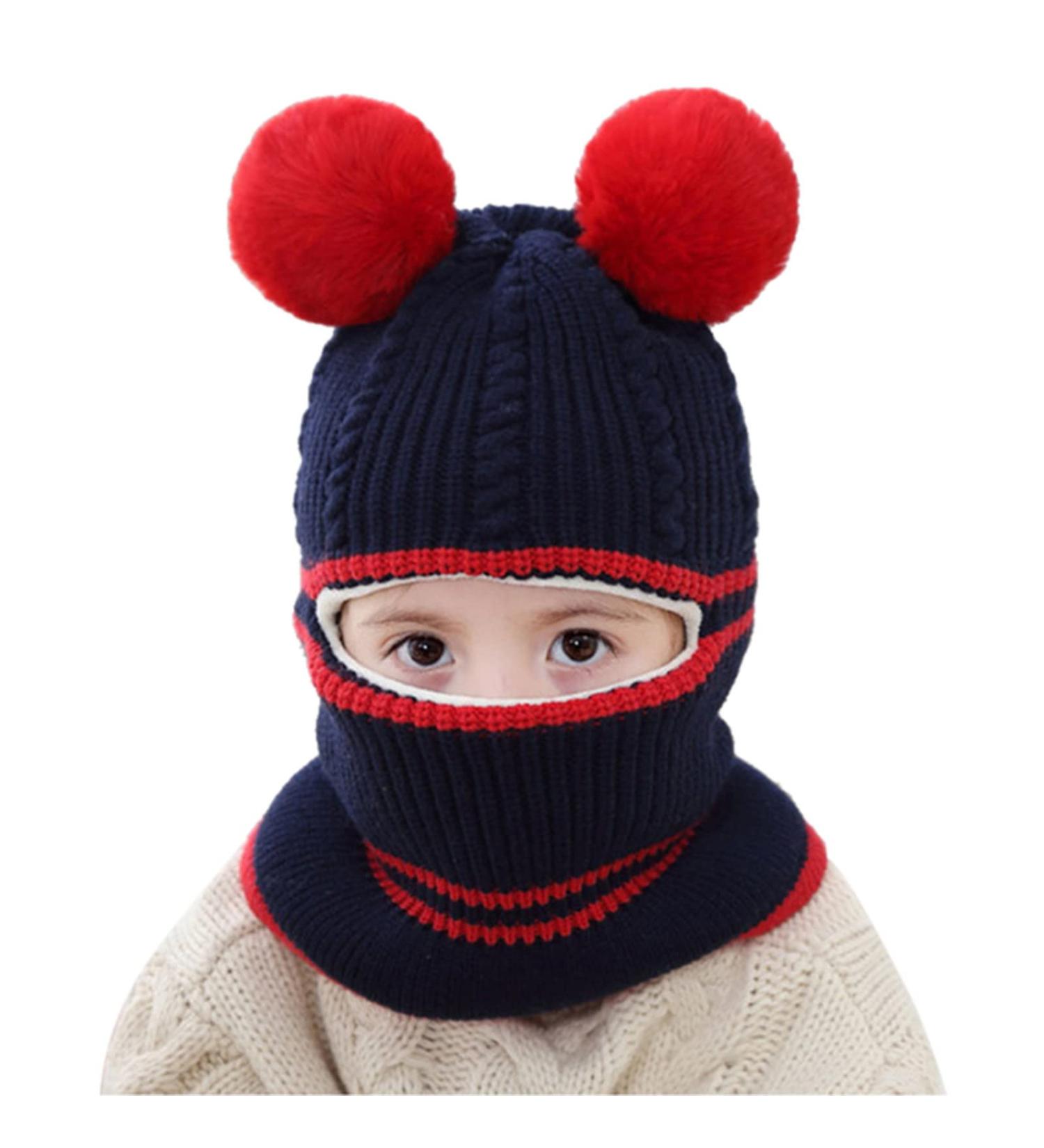Baby Balaclava Kids Winter Hat with Double Pom Pom Design - Cute Small Bear Beanie Cap for Boys and Girls | Warm Knitted Hood Scarf | B-E One Size - Buy Online on GoSupps.com