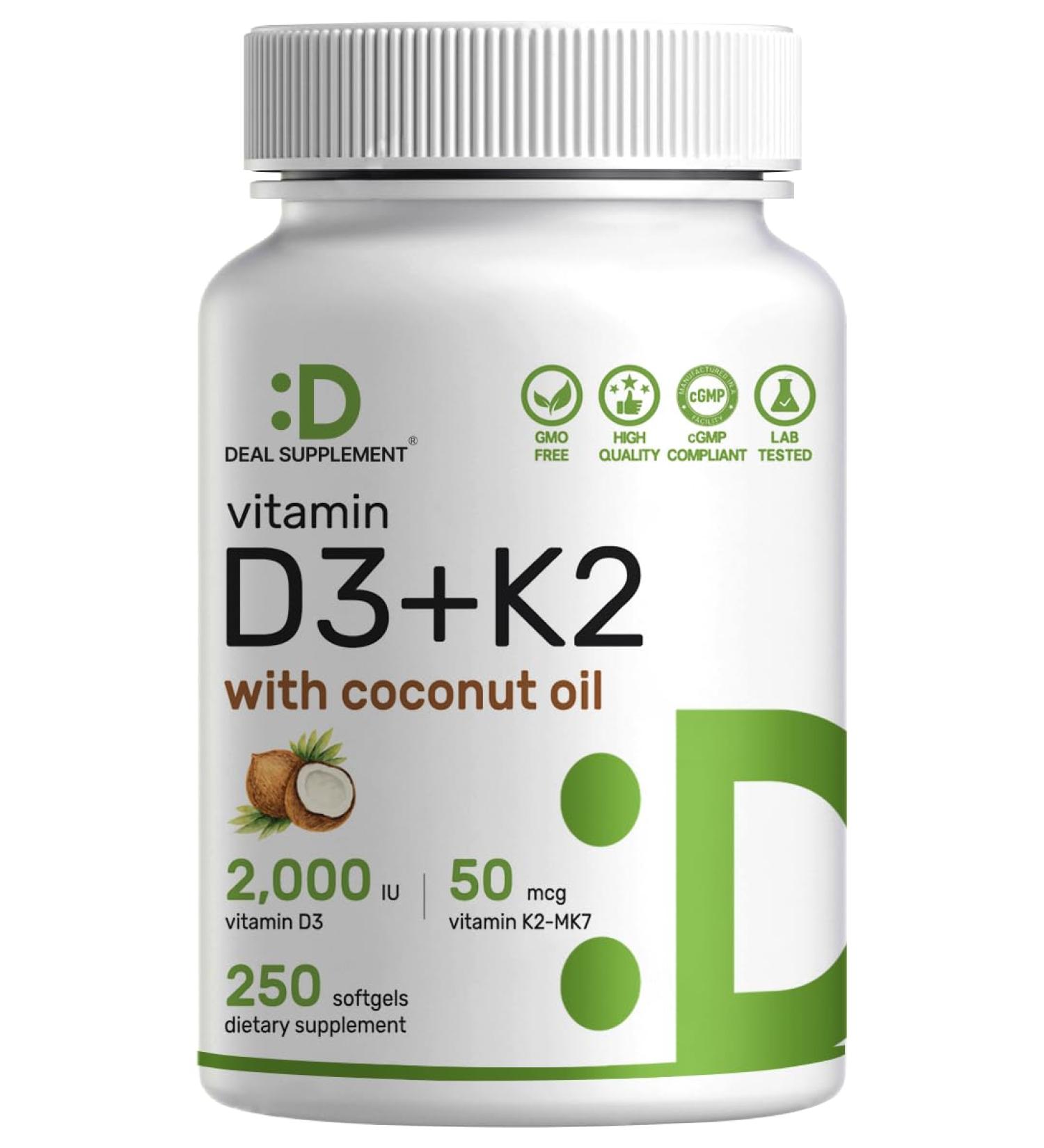 DEAL SUPPLEMENT Vitamin D3 2 000 IU + K2 MK7 50mcg Softgels | 2-in-1 Complex with Virgin Coconut Oil | Supports Heart Bone Teeth & Immune Health | Easy to Swallow - Buy Online on GoSupps.com