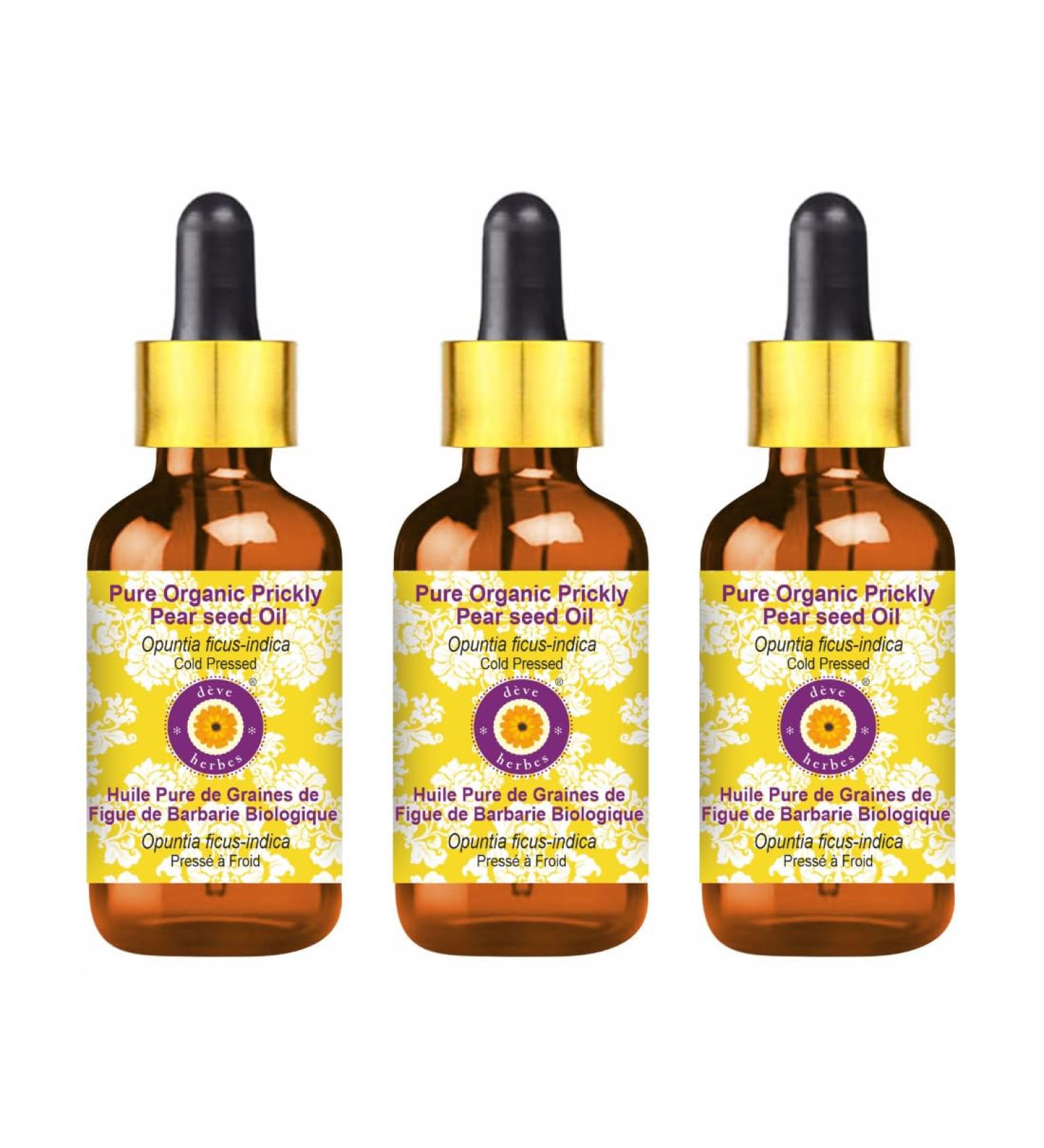 Deve Herbes Pure Organic Prickly Pear Seed Oil (Opuntia ficus-Indica) with Glass Dropper Cold Pressed (Pack of Three)100ml X 3 (10 oz) - Buy Online on GoSupps.com