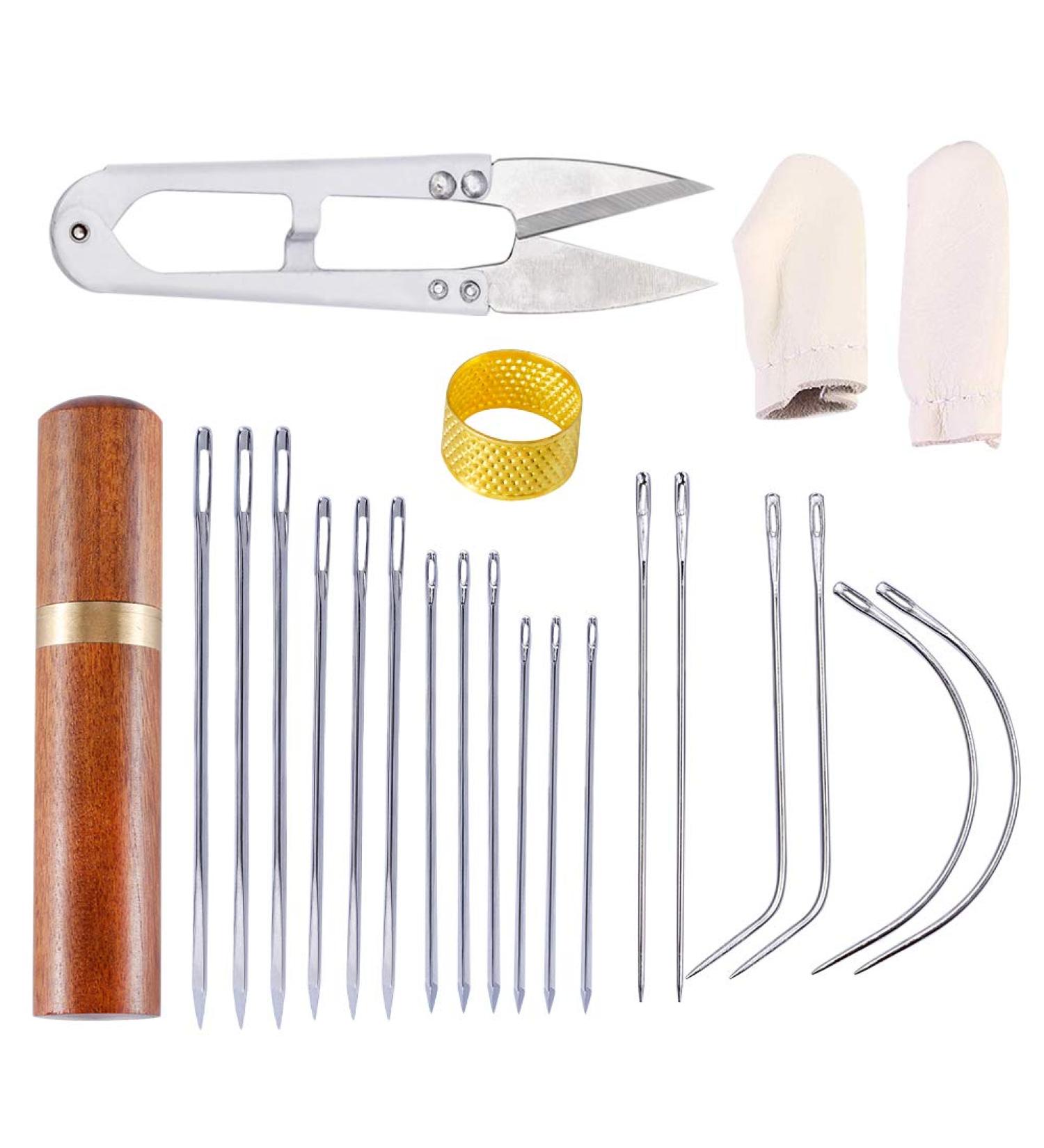 Leather Embroidery Needles Set: Curved, Triangle, Straight Needles, Thimble, Scissors, Finger Cot - for Upholstery, Carpet, Leather, Canvas Repair & Bookbinding - Buy Online on GoSupps.com