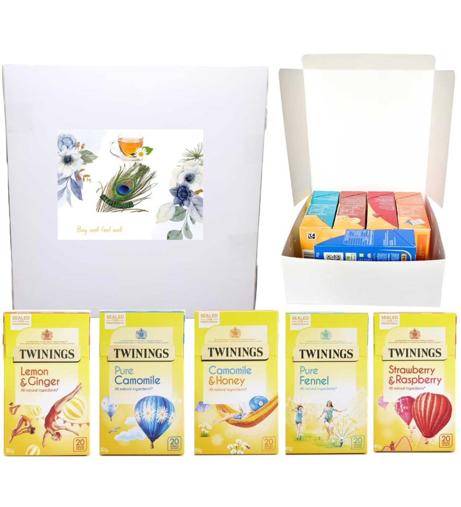 Herbal Tea Selection Box - 100 Tea Bags, 5 Flavors - Lemon & Ginger, Strawberry & Raspberry, Fennel, Pure Chamomile, Chamomile & Honey - Gift Box Fruit Tea Collection - Buy Online on GoSupps.com