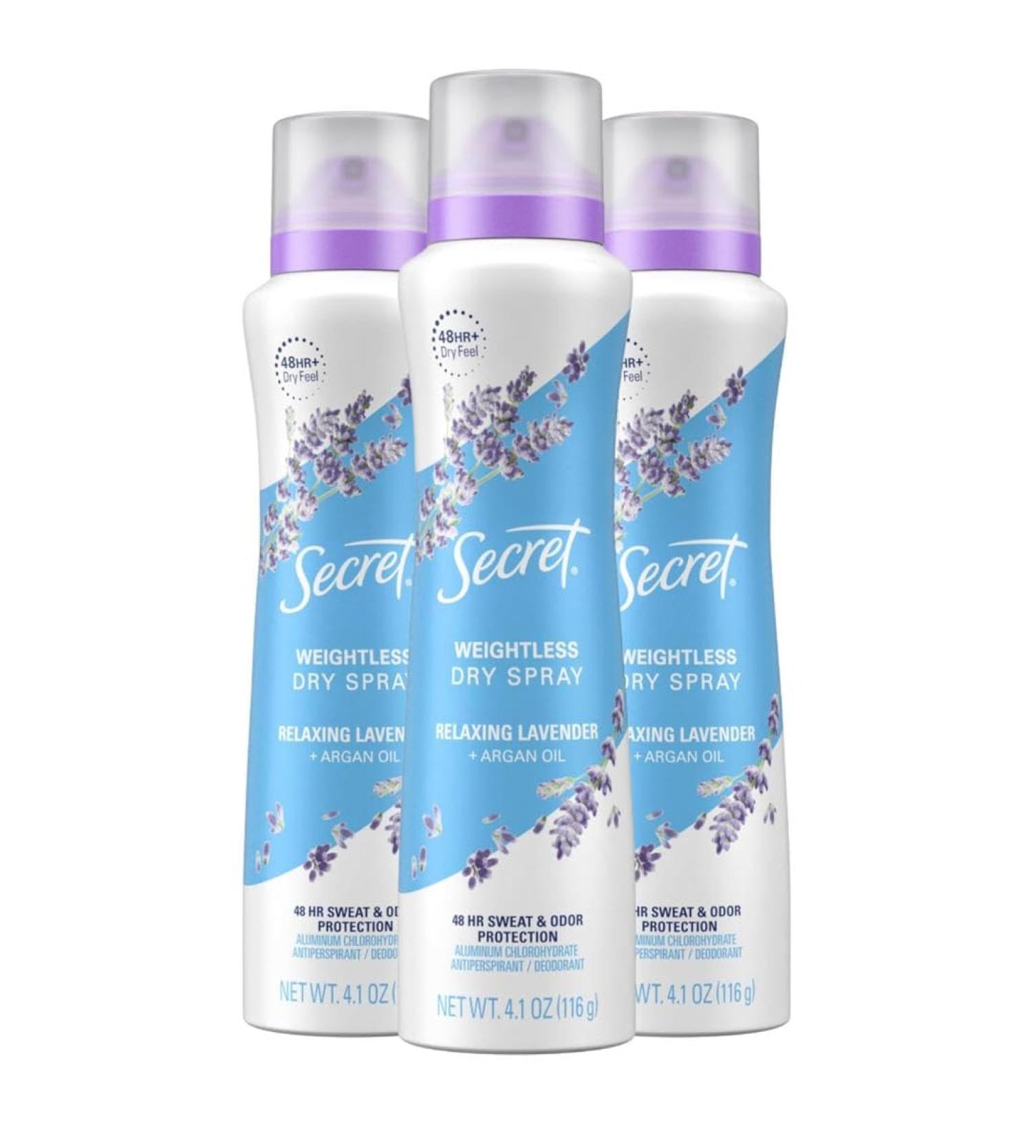 Secret Dry Spray Deodorant Antiperspirant for Women 48hr Weightless Sweat & Odor Protection Gentle on Skin Relaxing Lavender & Argan Oil Scent 4.1 oz (Pack of 3) Relaxing Lavender 4.1 Ounce (Pack of 3) - Buy Online on GoSupps.com