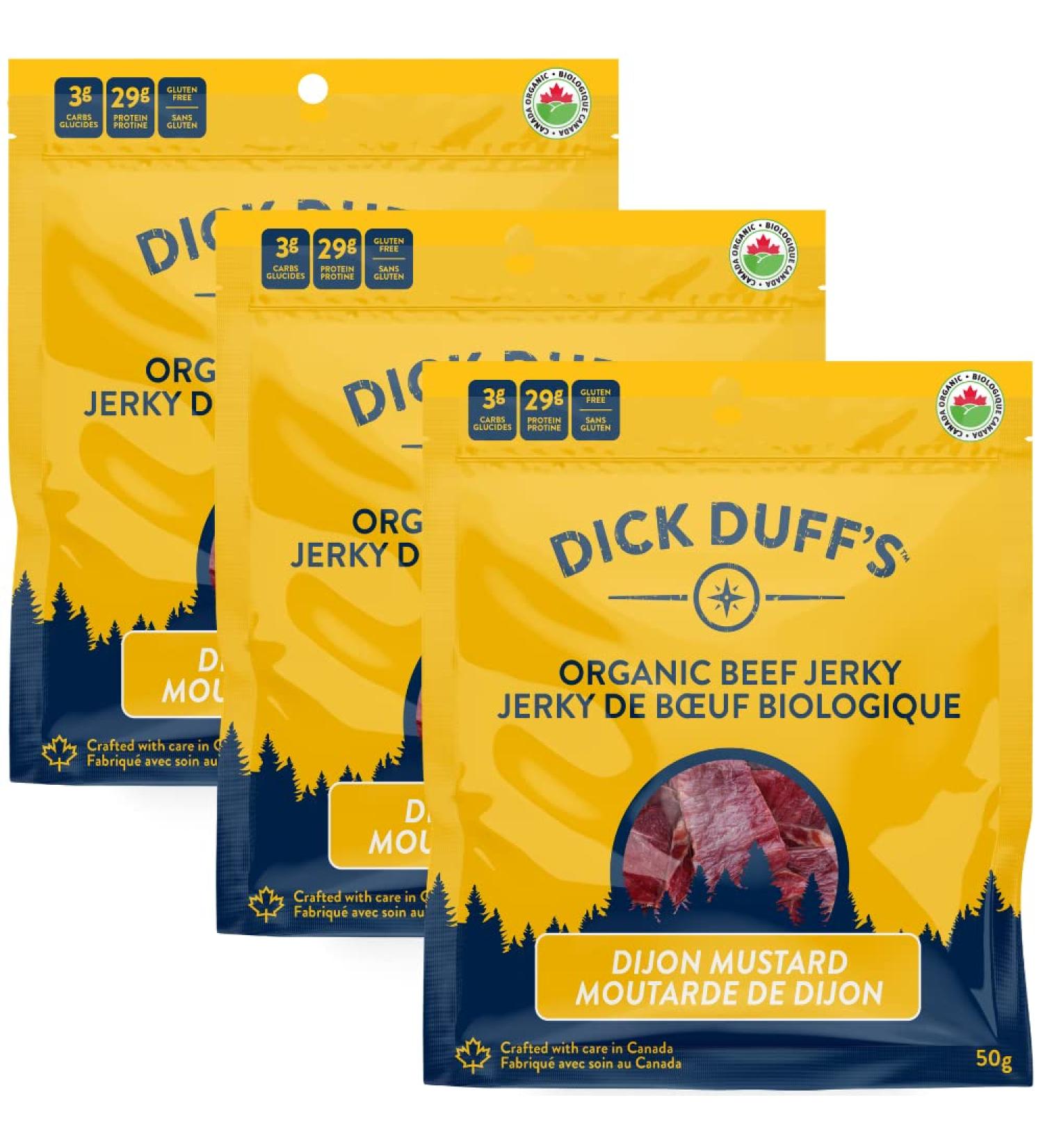 Dick Duff's Organic Jerky - Made in Canada Beef Jerky - 29g of Protein per Serving - Certified Organic Non-GMO Nitrate Free Keto Friendly Gluten Free Dijon Mustard 50.00 g (Pack of 3) - Buy Online on GoSupps.com