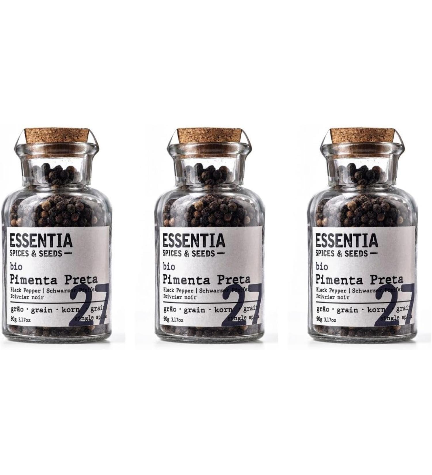 Essentia Black Peppercorns Pack of 3 x 90g Bottles Woody and Robust Flavor Versatile Spice for Cooking Portuguese Origin Gourmet Product