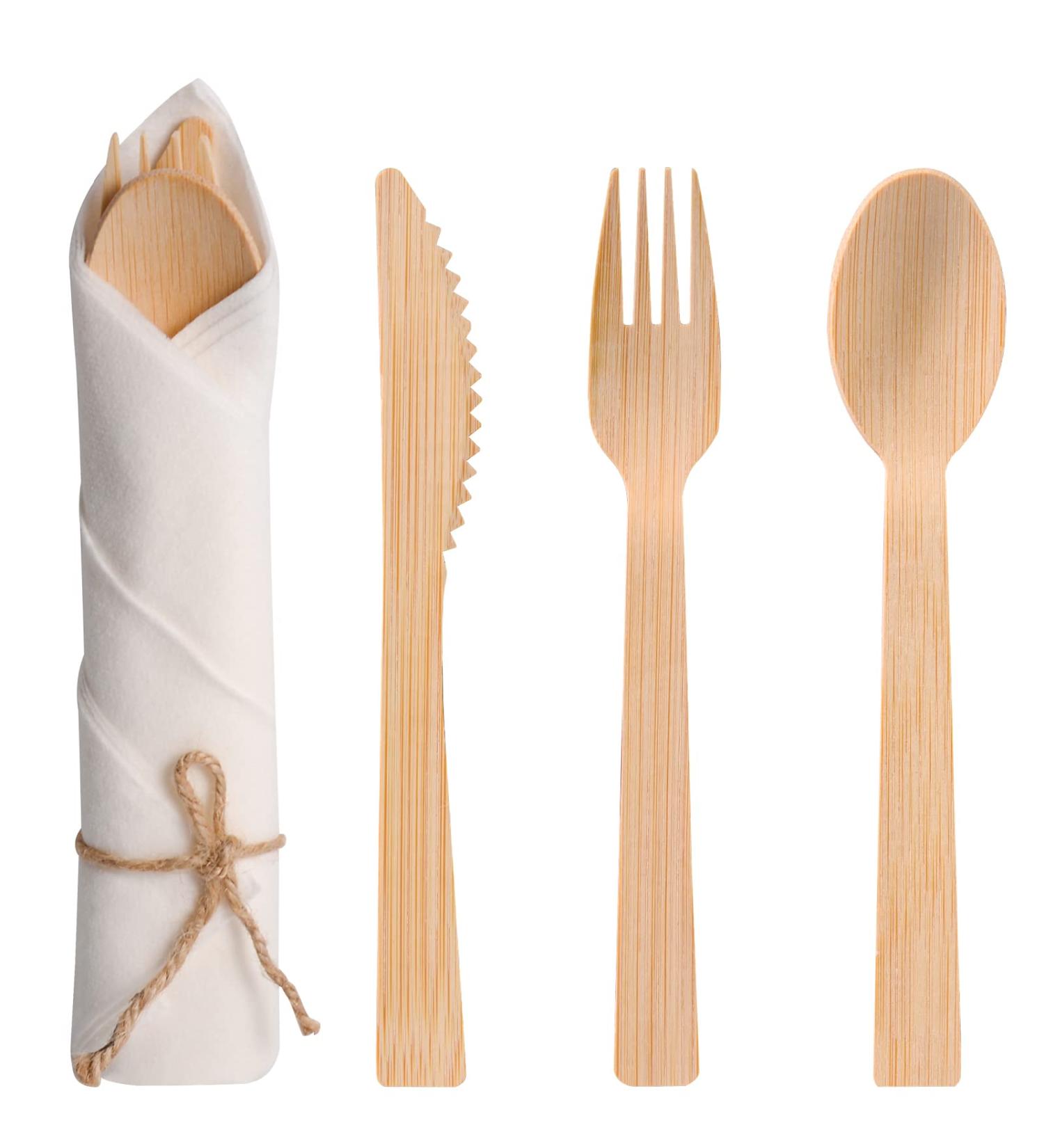 50-Pack Biodegradable Bamboo Cutlery Set with Napkins - Eco-Friendly Utensils for Parties, Weddings, Banquets - Buy Online on GoSupps.com