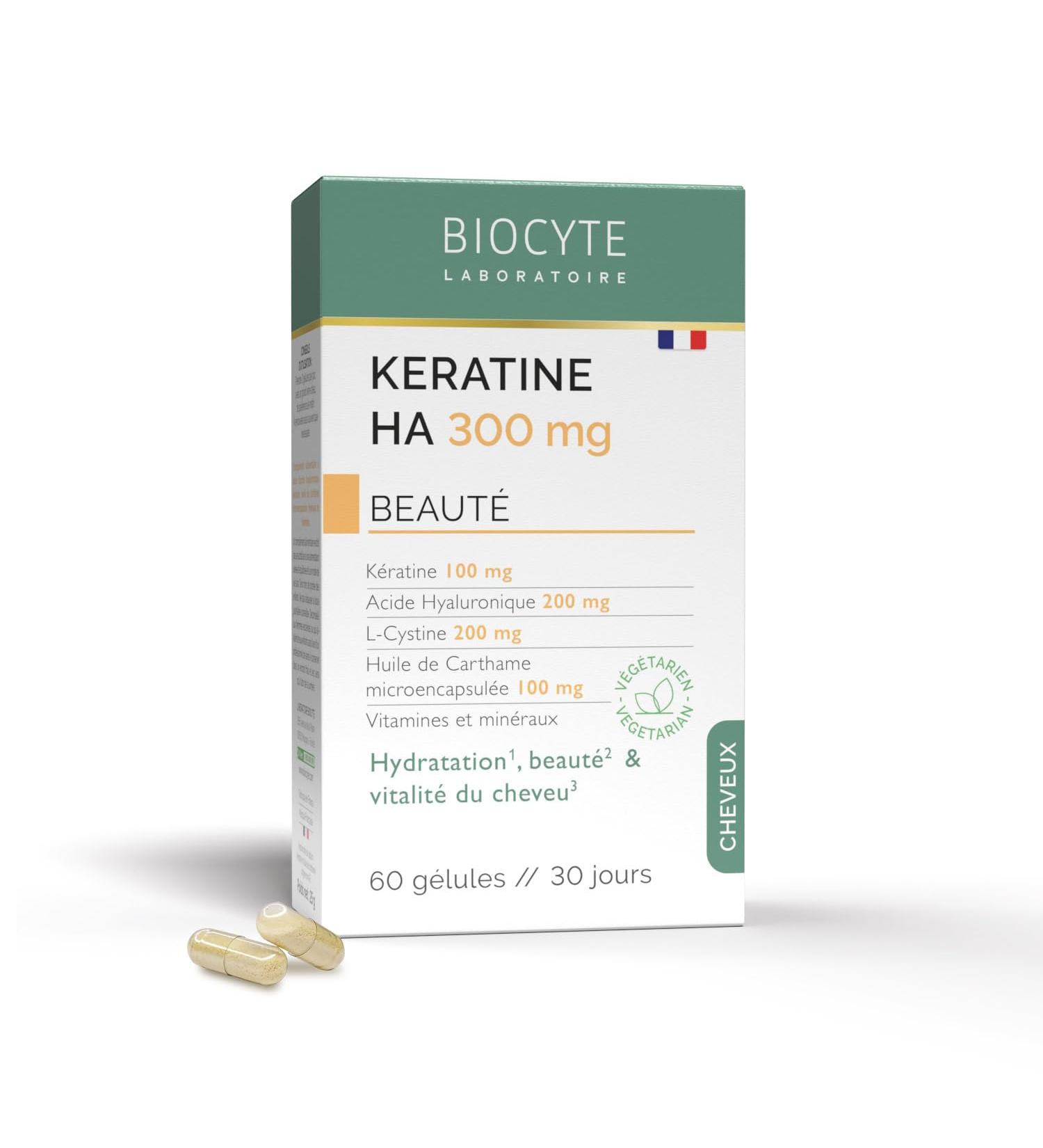 BIOCYTE Keratine HA 300 mg - Hydration and Vitality Hair Supplement - Based on Keratin Hyaluronic Acid Safflower Oil Vitamins - 60 Capsules - 30 Day Program - Buy Online on GoSupps.com