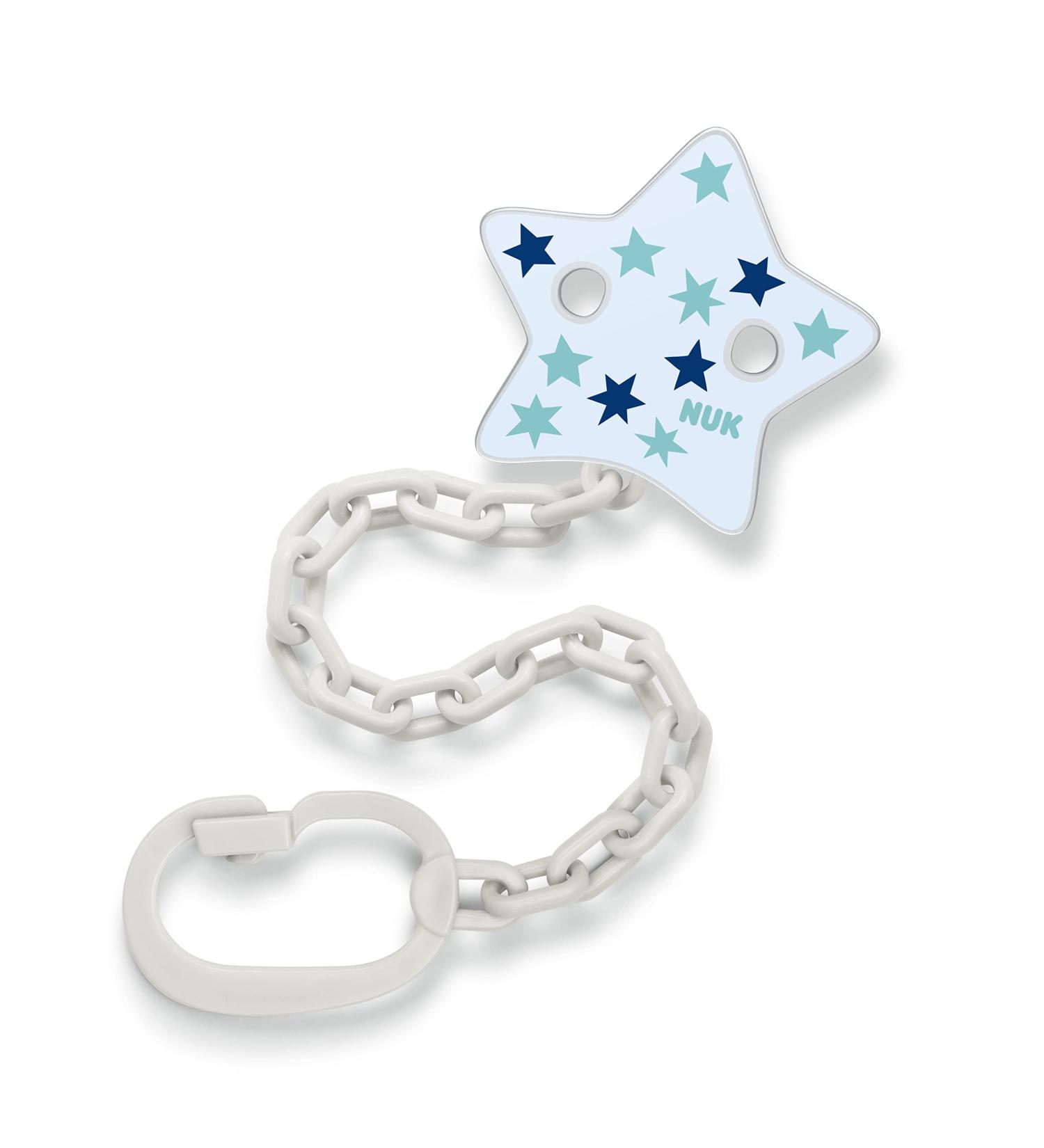 NUK pacifier chain with clip | for pacifiers with ring | stable and shatterproof | blue stars