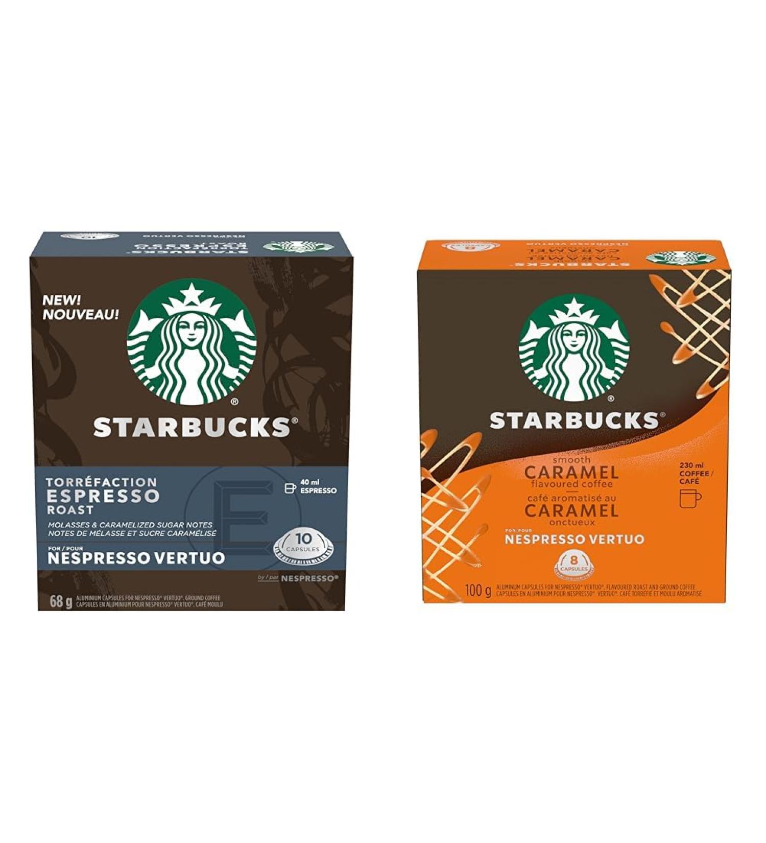 Starbucks By Nespresso Espresso Roast Coffee Pods & Smooth Caramel For NESPRESSO VERTUO Flavoured Blonde Roast Notes of Buttery Caramel and Vanilla NESPRESSO Coffee Capsules 8 ct Coffee + Blonde Roast - Buy Online on GoSupps.com