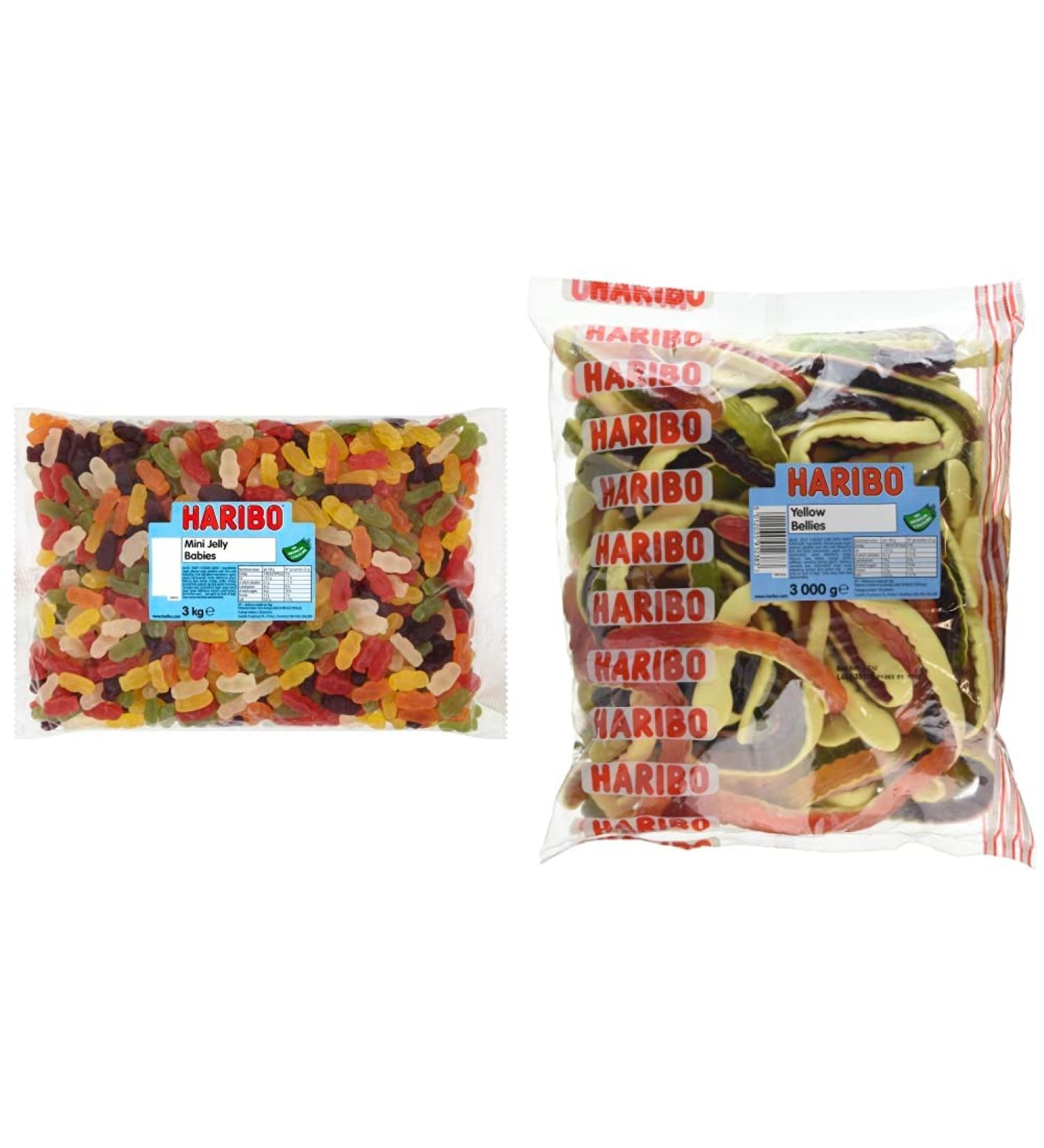 HARIBO Mini Jelly Babies Bulk Bag 3 kg (Pack of 1) 11150 & Yellow Belly Giant Snakes Yellow Bellies Bulk Sweets 3kg 3 kg (Pack of 1) + Yellow Bellies Bulk Sweets - Buy Online on GoSupps.com