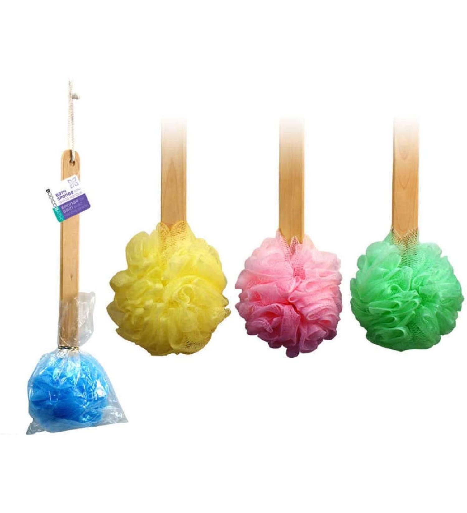 4-Pack Long Wooden Handle Back Scrubber Bath Shower Sponge Exfoliating Body Brush - Nylon Puff Spa - Buy Online on GoSupps.com