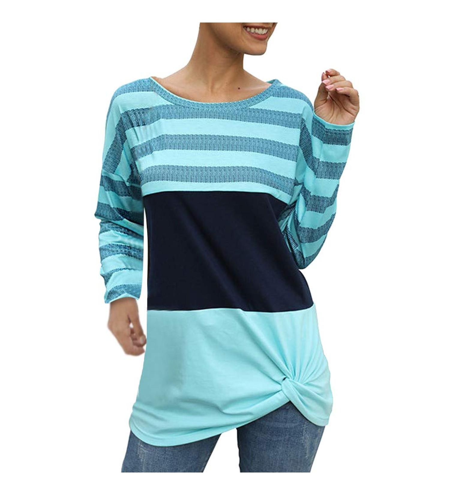 Bigfanshu in Women's Clothing Fashion O-Neck Stripe Splicing Long Sleeve Tie Sweater Casual Blouse Tops Blue - Buy Online on GoSupps.com