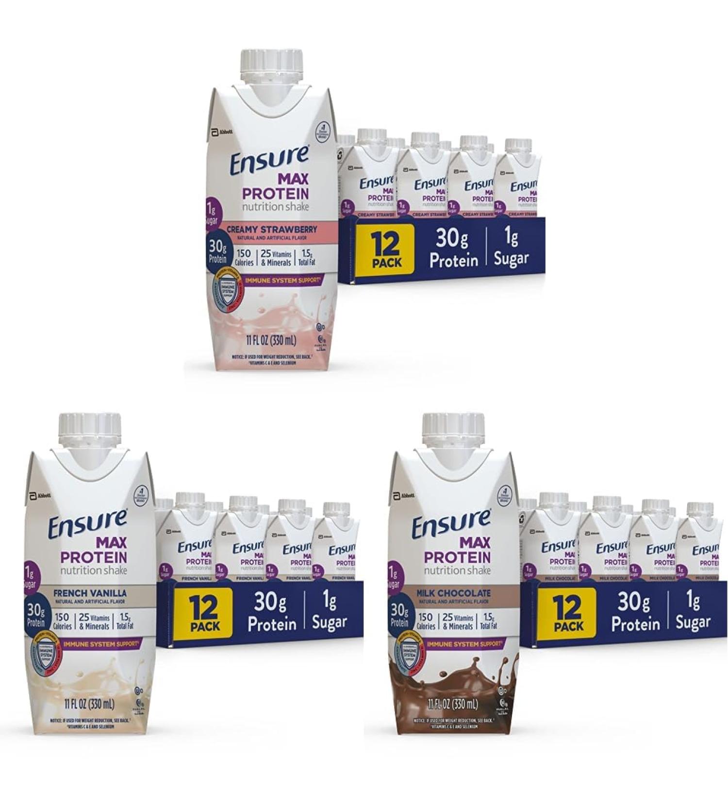 Ensure Max Protein Nutrition Shake 11 fl oz 12 Count & Max Protein Nutrition Shake 11 fl oz (Pack of 12) & Max Protein Nutrition Shake with 30g of Protein 1g of Sugar 11 Fl Oz (Pack of 12) - Buy Online on GoSupps.com