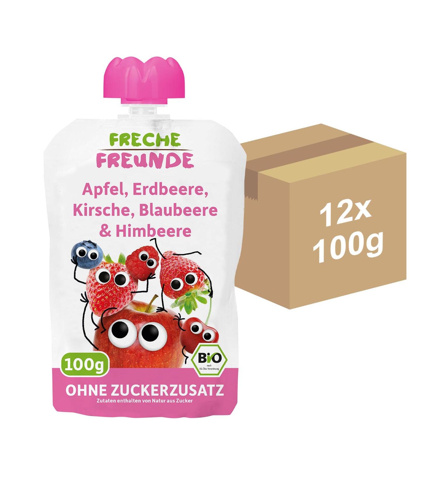 Cheeky Friends Bio Quetschie - Organic Fruit Pouches for Kids | Apple Strawberry Cherry Blueberry & Raspberry | Gluten-Free & Vegan | 2x6 Pack (12x100g) - Buy Online on GoSupps.com