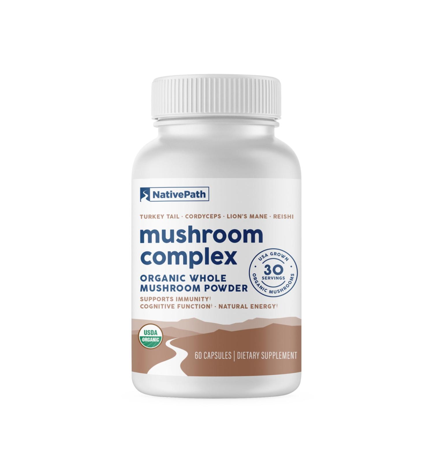 NativePath Mushroom Complex - Organic Lions Mane Turkey Tail Cordyceps & Reishi - Whole Mushroom Powder for Immune Support Brain Health & Energy - USDA Organic Non-GMO Vegan - 60 Capsules - Buy Online on GoSupps.com