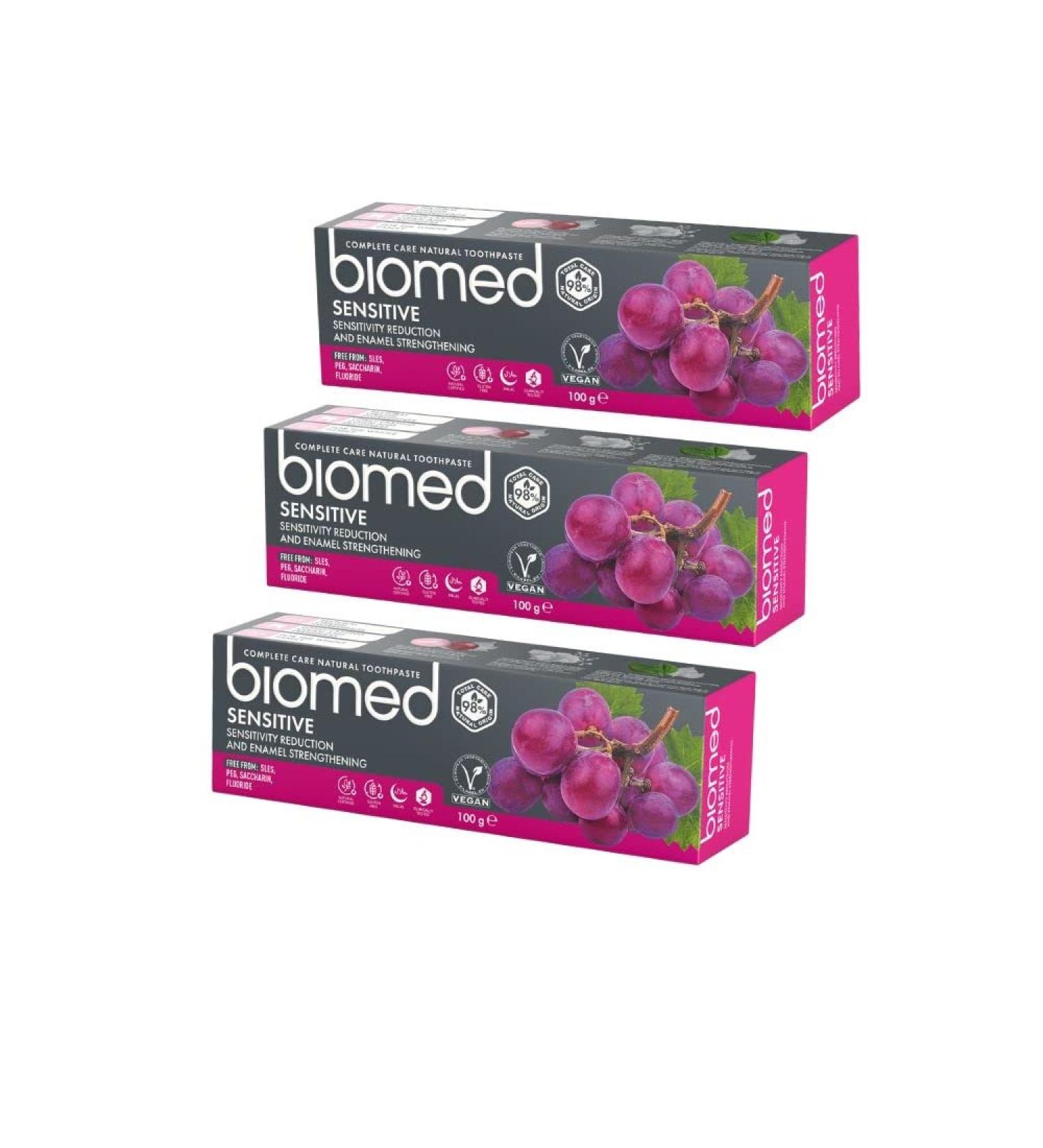 Biomed Sensitive Toothpaste - 98% Natural Vegan SLES-Free | Red Grape Seed Extract | Strengthens Teeth & Alleviates Sensitivity | 100g Pack of 3 - Buy Online on GoSupps.com