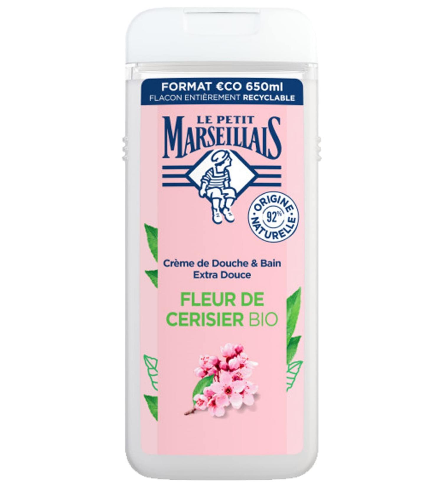 Le Petit Marseillais Shower and Bath Cream Extra Soft Cherry Blossom Organic (650 ml Bottle) - Shower Gel with 92% Natural Ingredients - pH Neutral and No Dyes