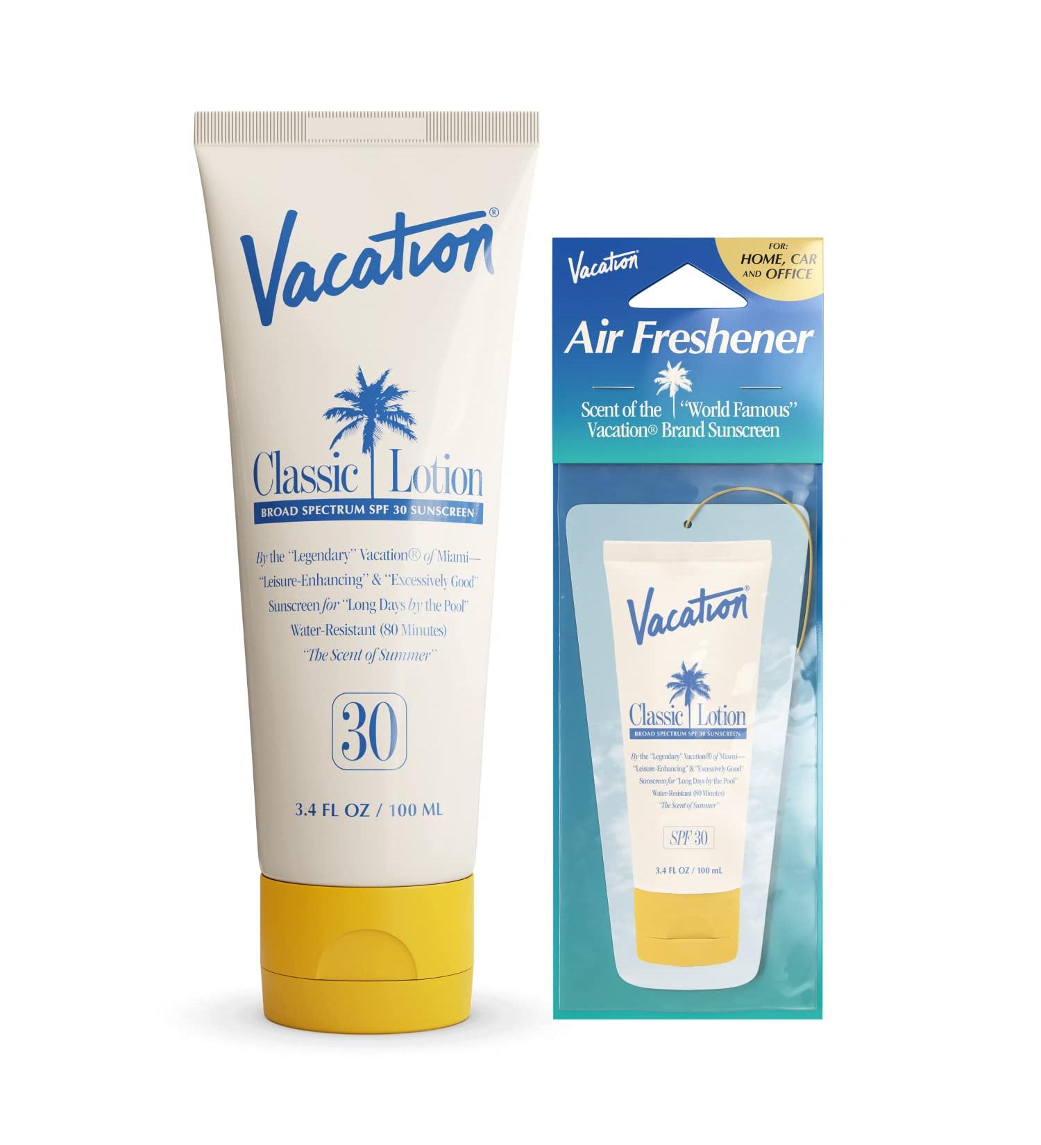 Vacation Classic Lotion SPF 30 Sunscreen with Air Freshener - Water Resistant Vegan Sun Tanning Lotion - Travel Size Body Lotion with SPF 30 - Buy Online on GoSupps.com