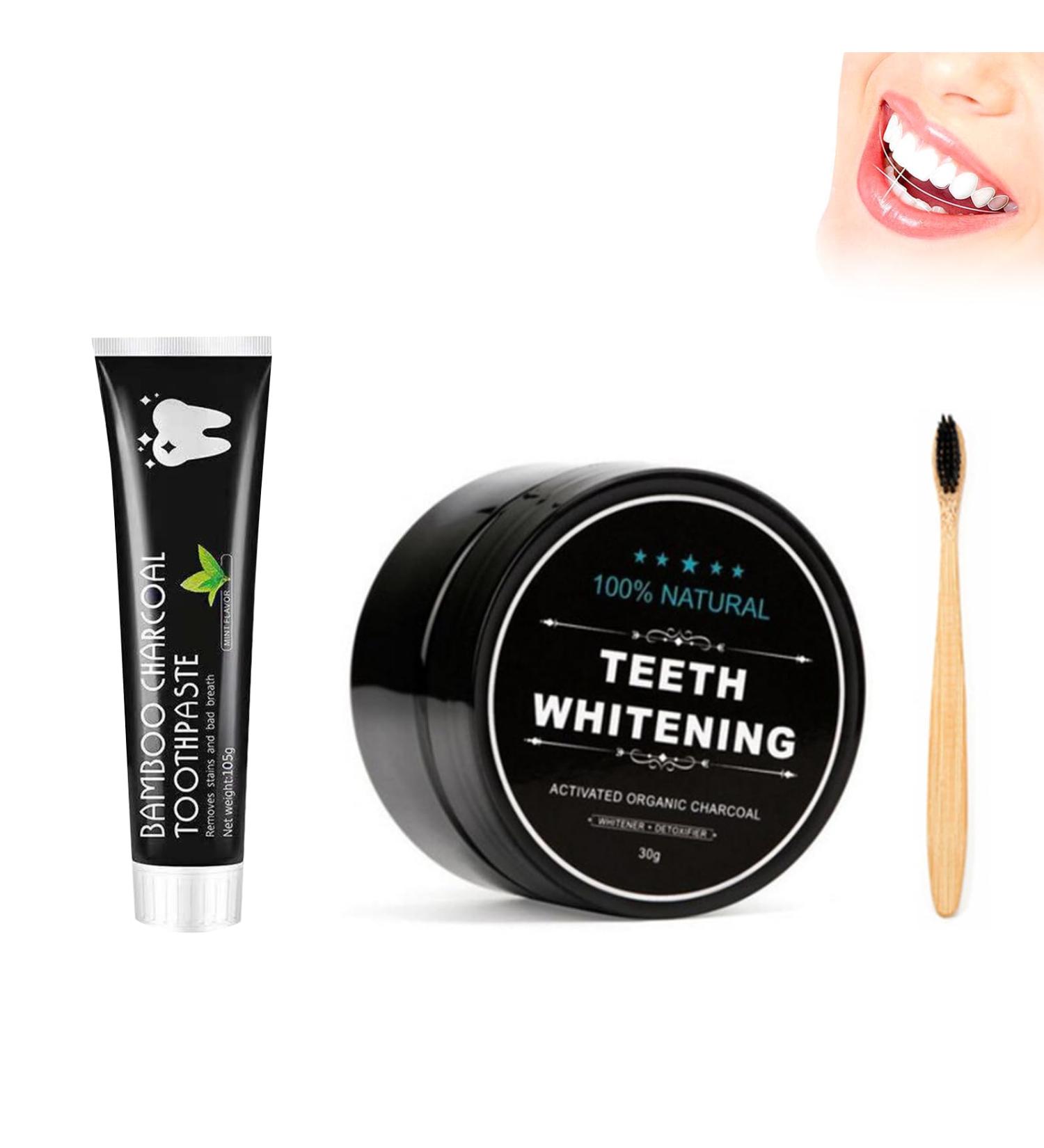 Teeth Whitening Kit: Toothpaste Activated Carbon Powder & Toothbrush for Stain Removal & Brightening - Buy Online on GoSupps.com