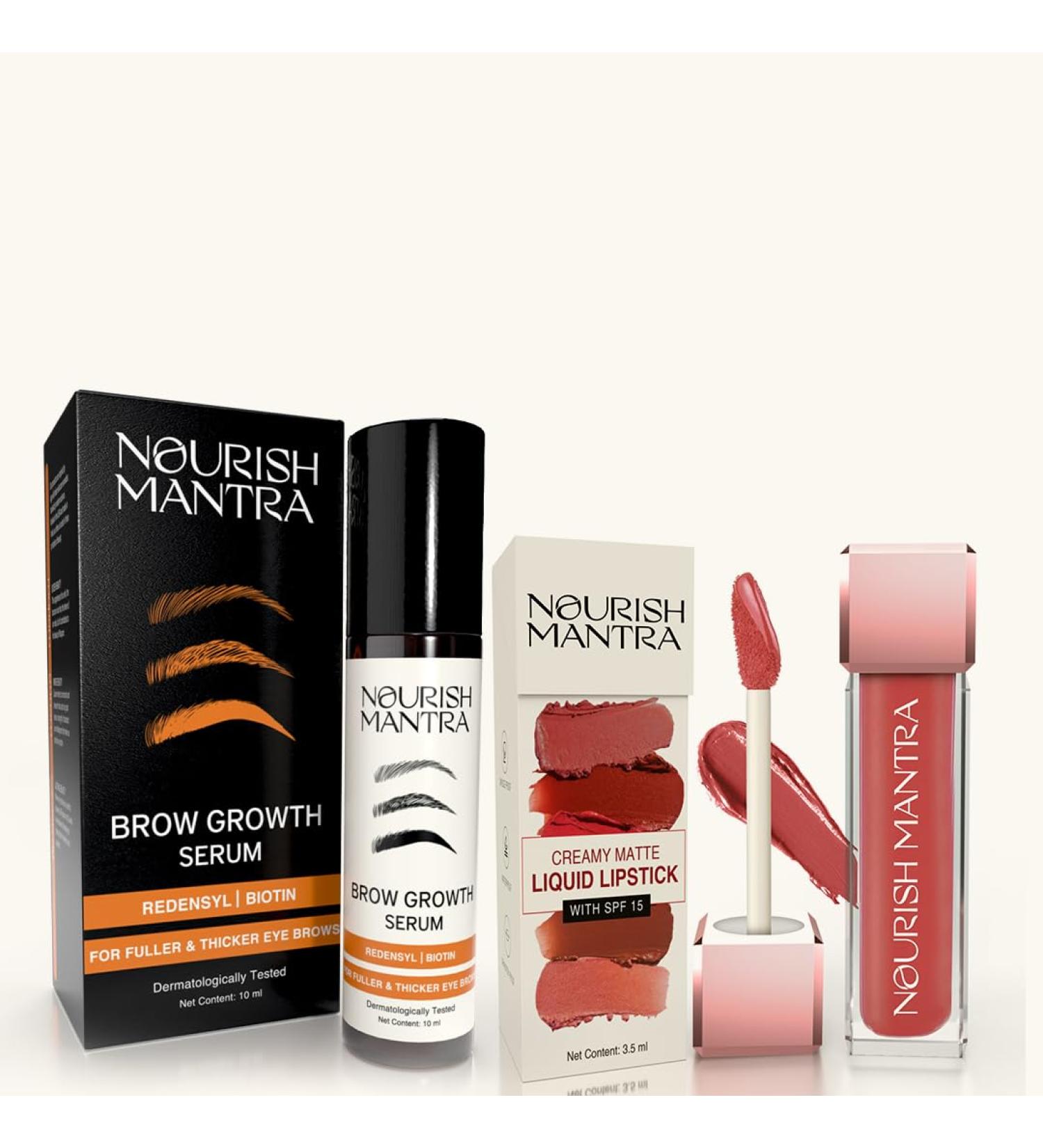 Nourish Mantra Eyebrow Growth Serum 10 ml & Waterproof Creamy Matte Liquid Lipstick with SPF 3.5 ml Combo - Buy Online on GoSupps.com