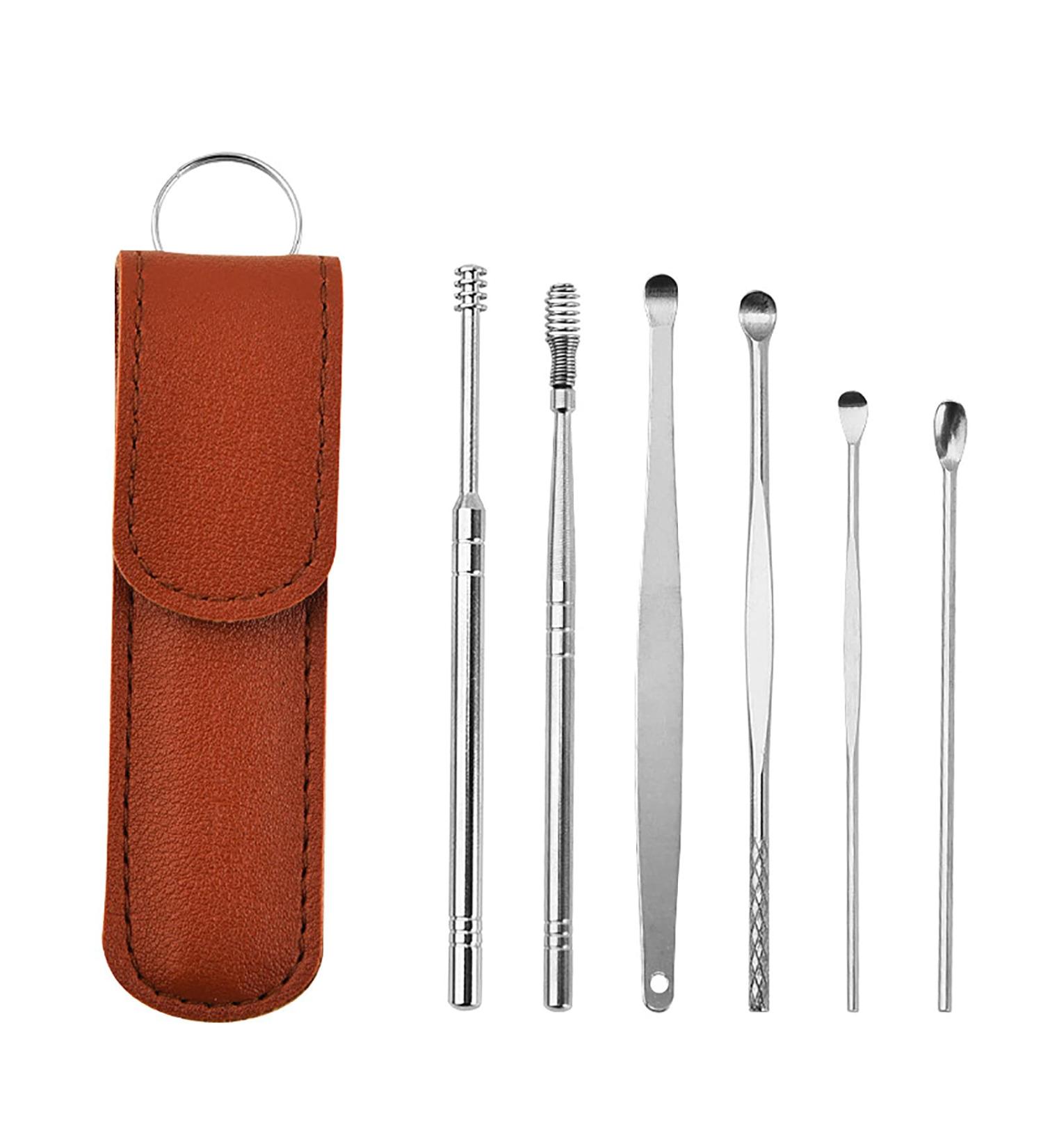 Narvei 6 Pcs Ear Wax Removal Tool Set - Reusable Stainless Steel Ear Cleaner Kit for Children, Kids, and Adults - Includes Storage Bag - Brown - Buy Online on GoSupps.com