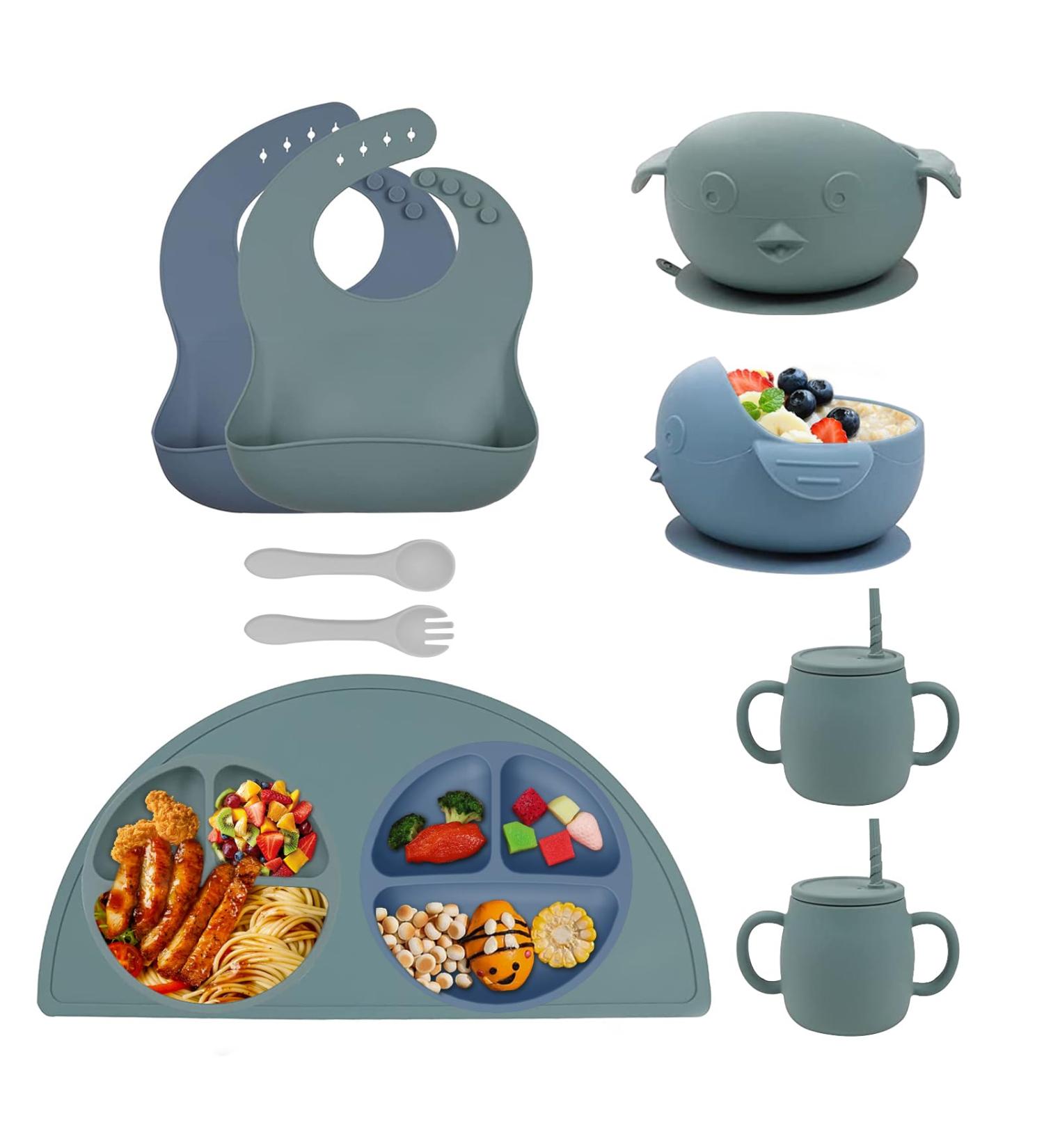 Sage/Ether Silicone Baby Feeding Set - 10 Pieces | Led Weaning Supplies with Utensils, Suction Plates, Bowls, Bibs, Placemat, Sippy Cups - Buy Now! - Buy Online on GoSupps.com
