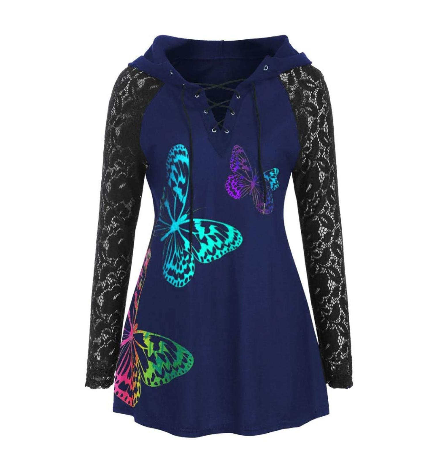 Bigfanshu Women's Long Sleeve Butterfly Printed Hoodie Tops Lace Blouse Female Clothes Colorful Plus Size Pullovers Blue
