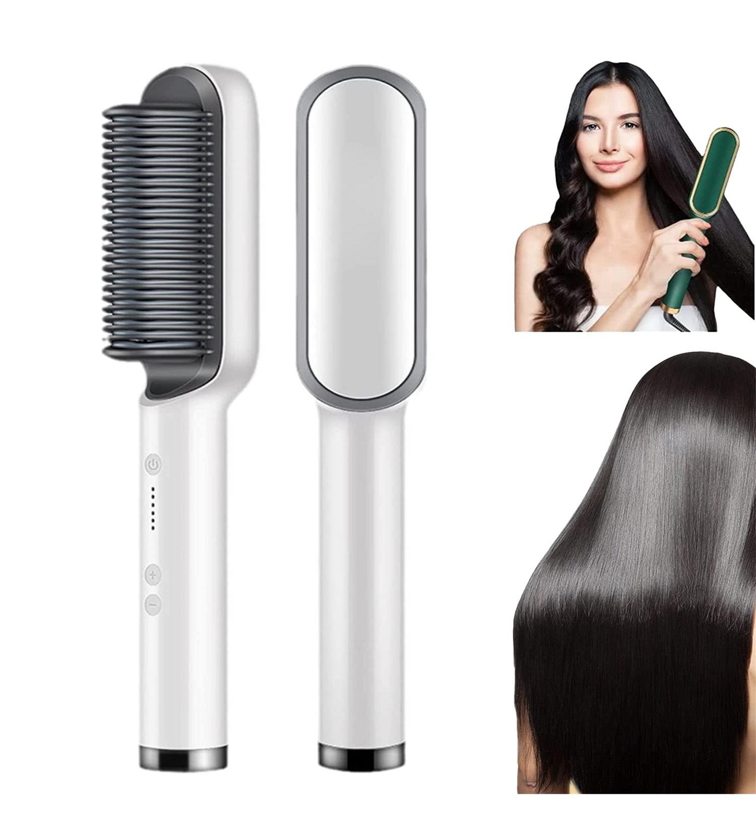 Negative Ion Hair Straightener Styling Comb 2 in 1 Hair Straightener Brush and Curler Portable Electric Straightening Comb Heated Hair Brush with 5 Temp (White) - Buy Online on GoSupps.com