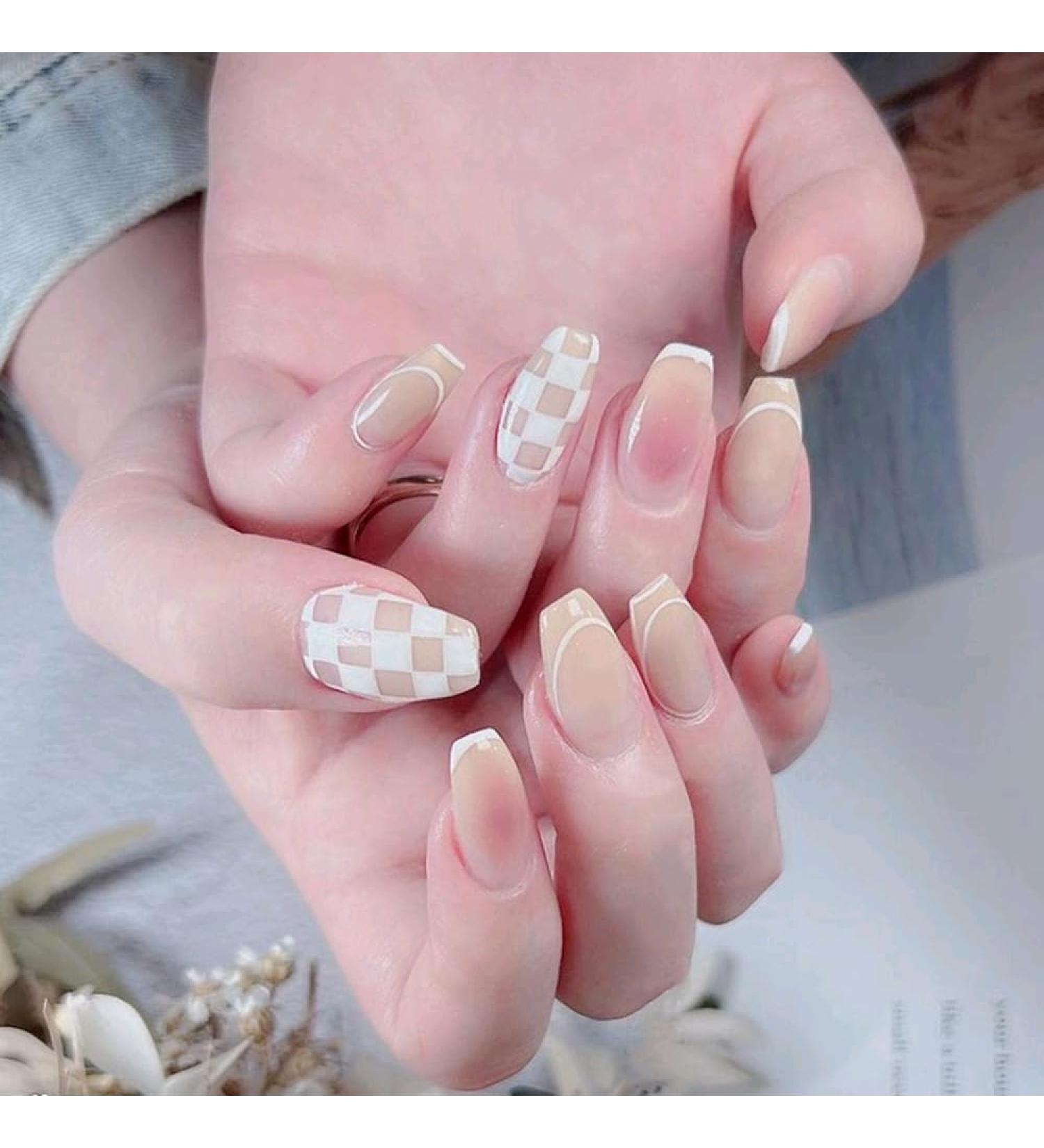 French Tip Press on Nails - Short Press On Nails with Nail Tips Checkerboard Pink False Nails press on nails Acrylic False Nails Cute Artificial Nails - Buy Online on GoSupps.com