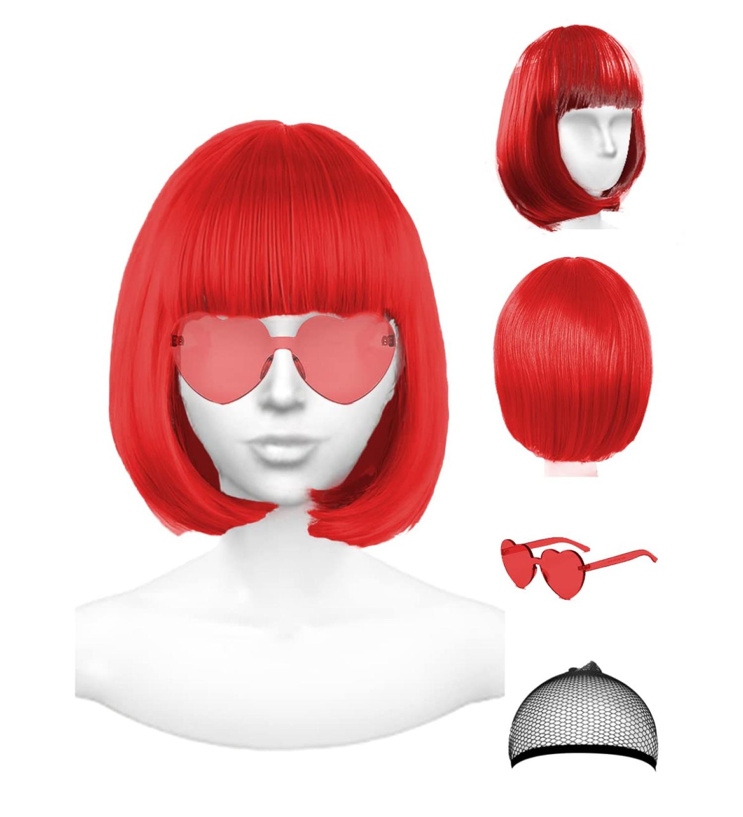 PLANTURECO Red Wig and Party Sunglasses Red Wig for Women Red Wig with Bangs Red Bob Wig and Short Red Wig Bright Red Wig with Neon Glasses Red Wig for Women - Buy Online on GoSupps.com