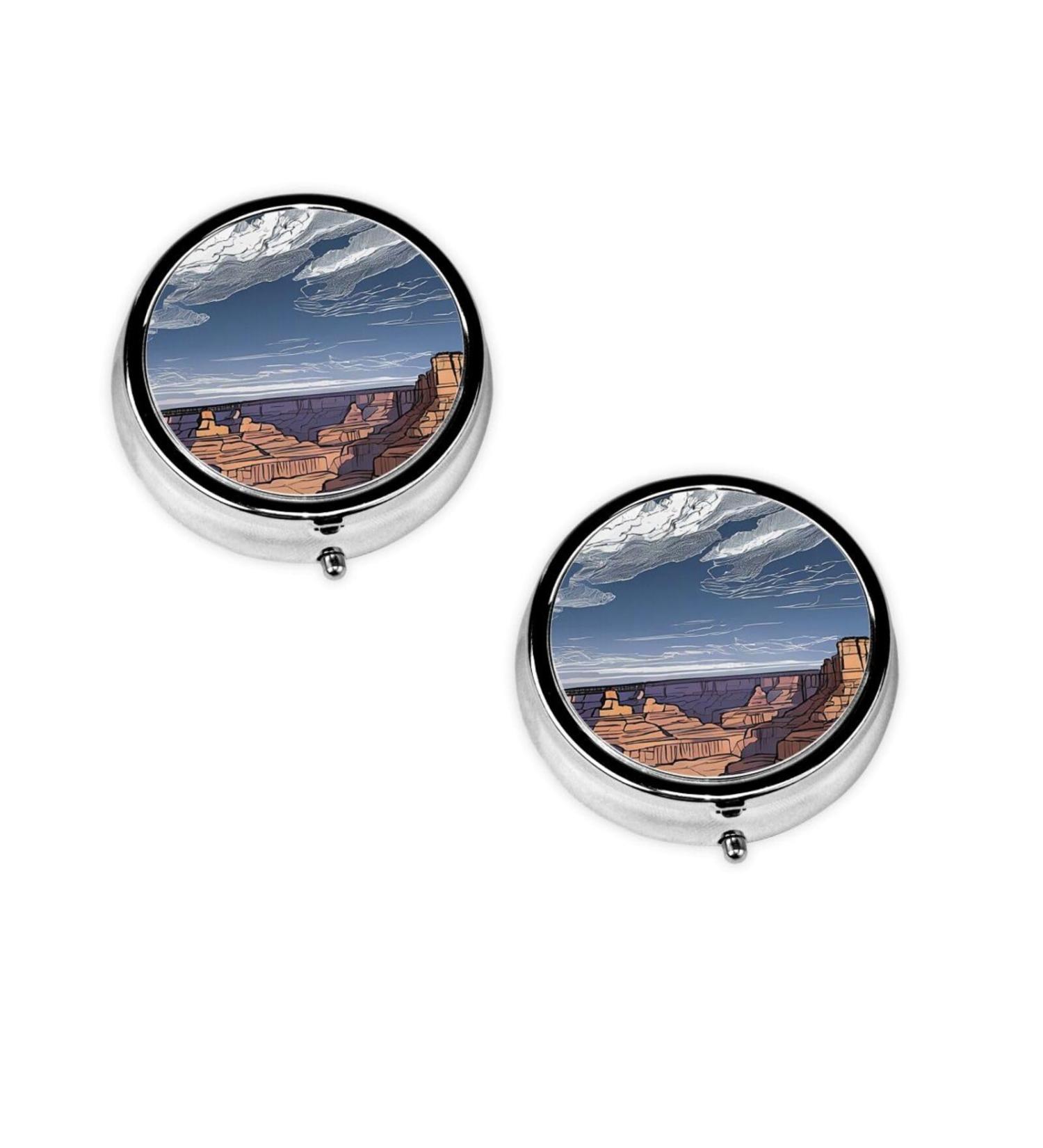 Grand Canyon Printed Mini Round Pill Box - 3 Compartment Travel Pill Organizer for Home Office & Pocket Use - Buy Online on GoSupps.com