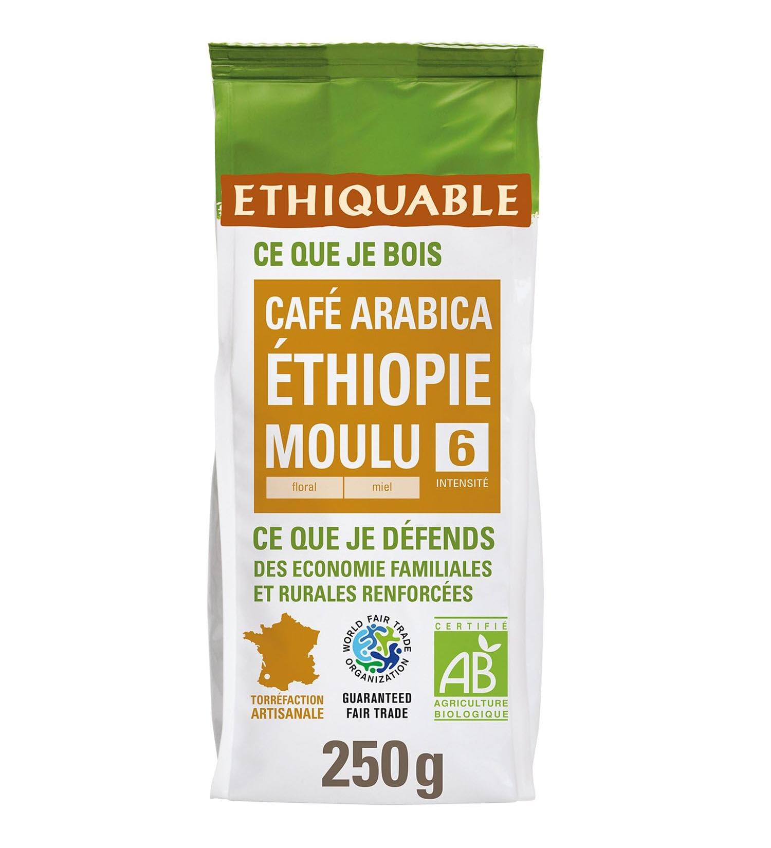 ETHIQUABLE - Caf Moulu Pur Arabica Moka Ethiopie Bio - Torr fi Artisanalement - le paquet de 250g - Le Lot De 4
