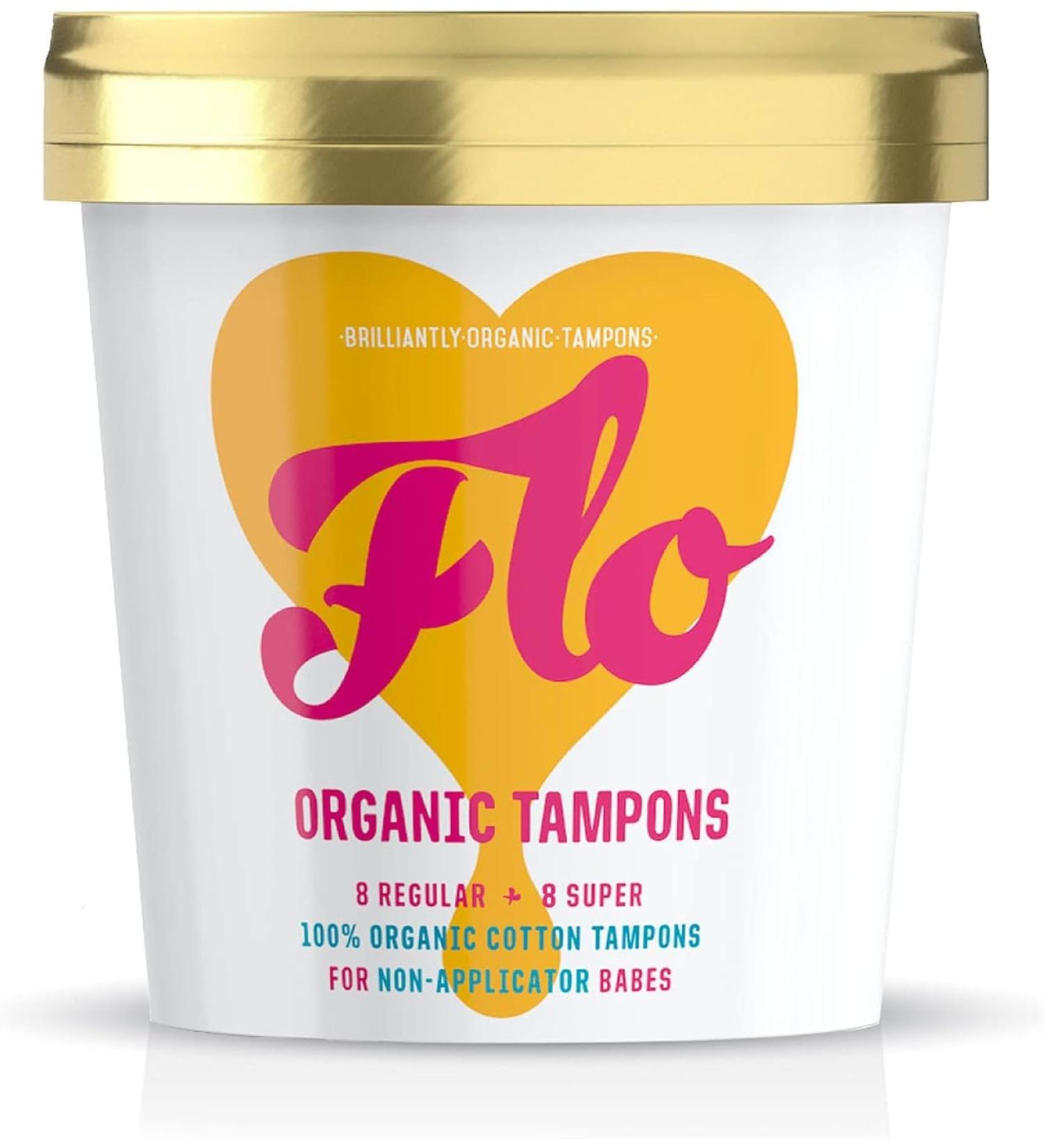 FLO Organic Non-Applicator Tampons - 100% Organic Cotton - Biodegradable - 16 Count Combo Pack - Regular & Super Absorbency - Buy Online on GoSupps.com
