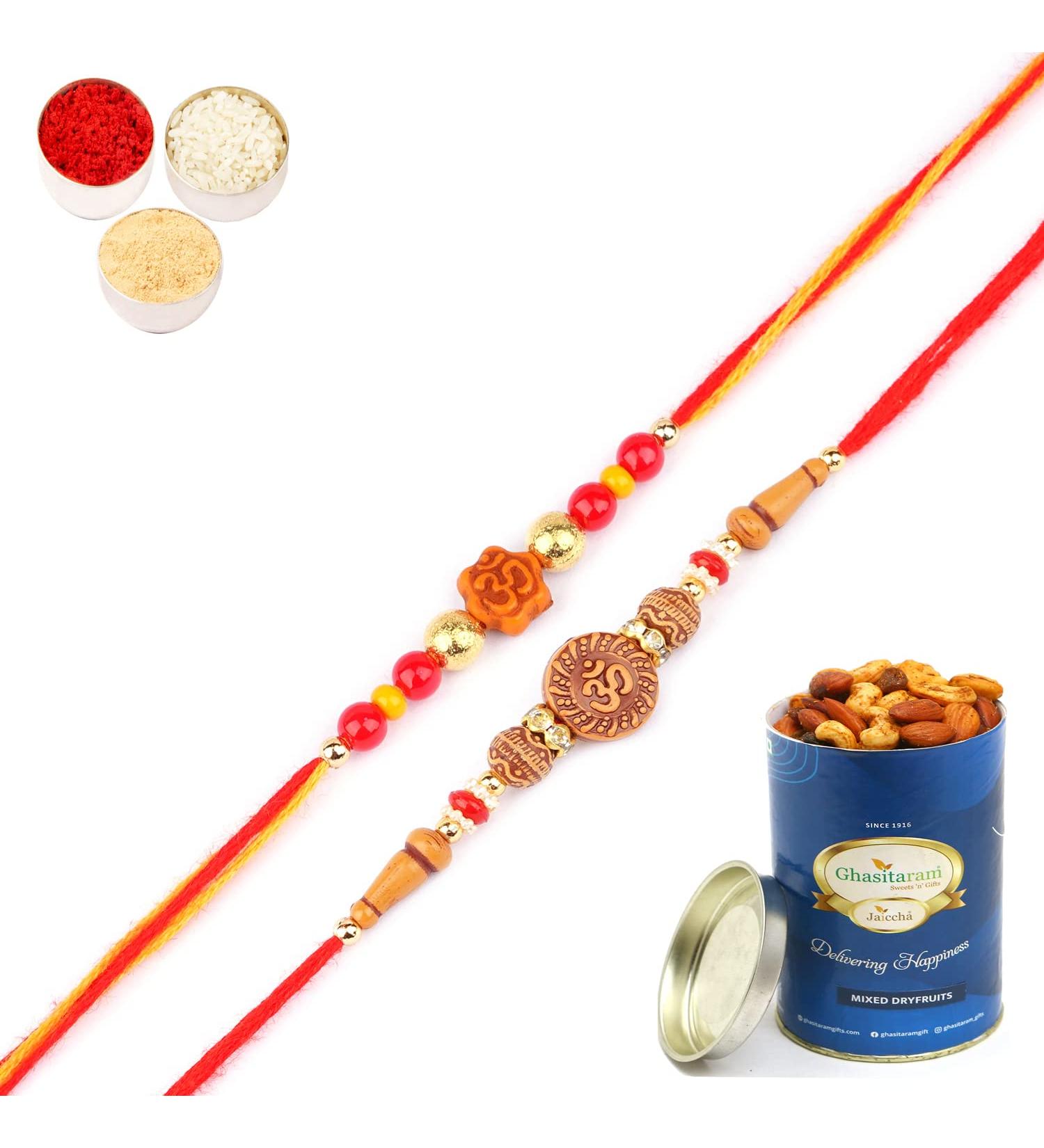 Ghasitaram Gifts Rakhi for Brother Rakhis Online - Set of 2-6074 and 6325 Om Rakhi Threads with 100 GMS of Dryfruits Mix Can - Buy Online on GoSupps.com