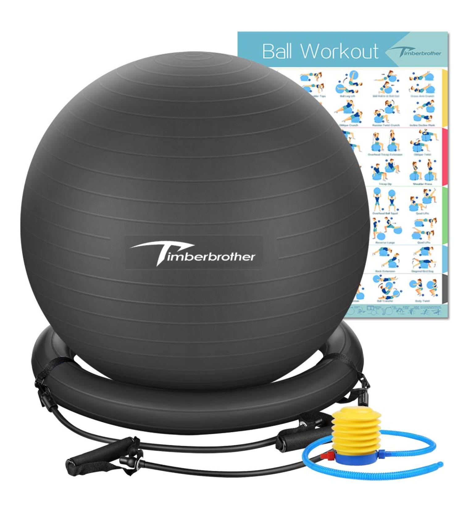 Timberbrother Exercise Ball Chair with Resistance Bands & Workout Poster - 75cm Black Stability Ball Base for Gym and Home Exercise | 16.5x22.4 - Buy Online on GoSupps.com