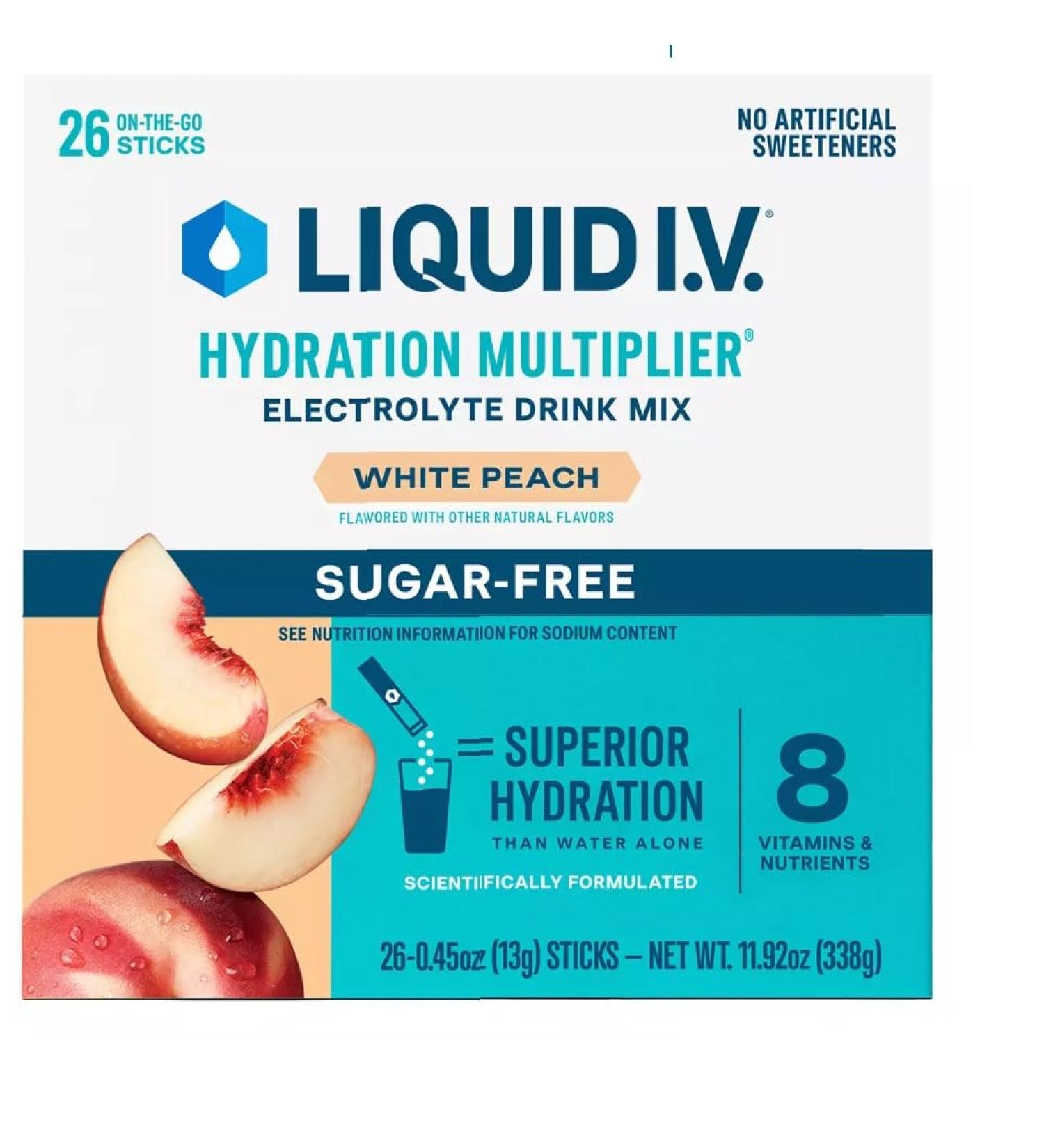 Liquid IV Hydration Multiplier Sugar FREE - 26 Individual Stick Packets - White Peach Flavor No Sugar - 338 Grams