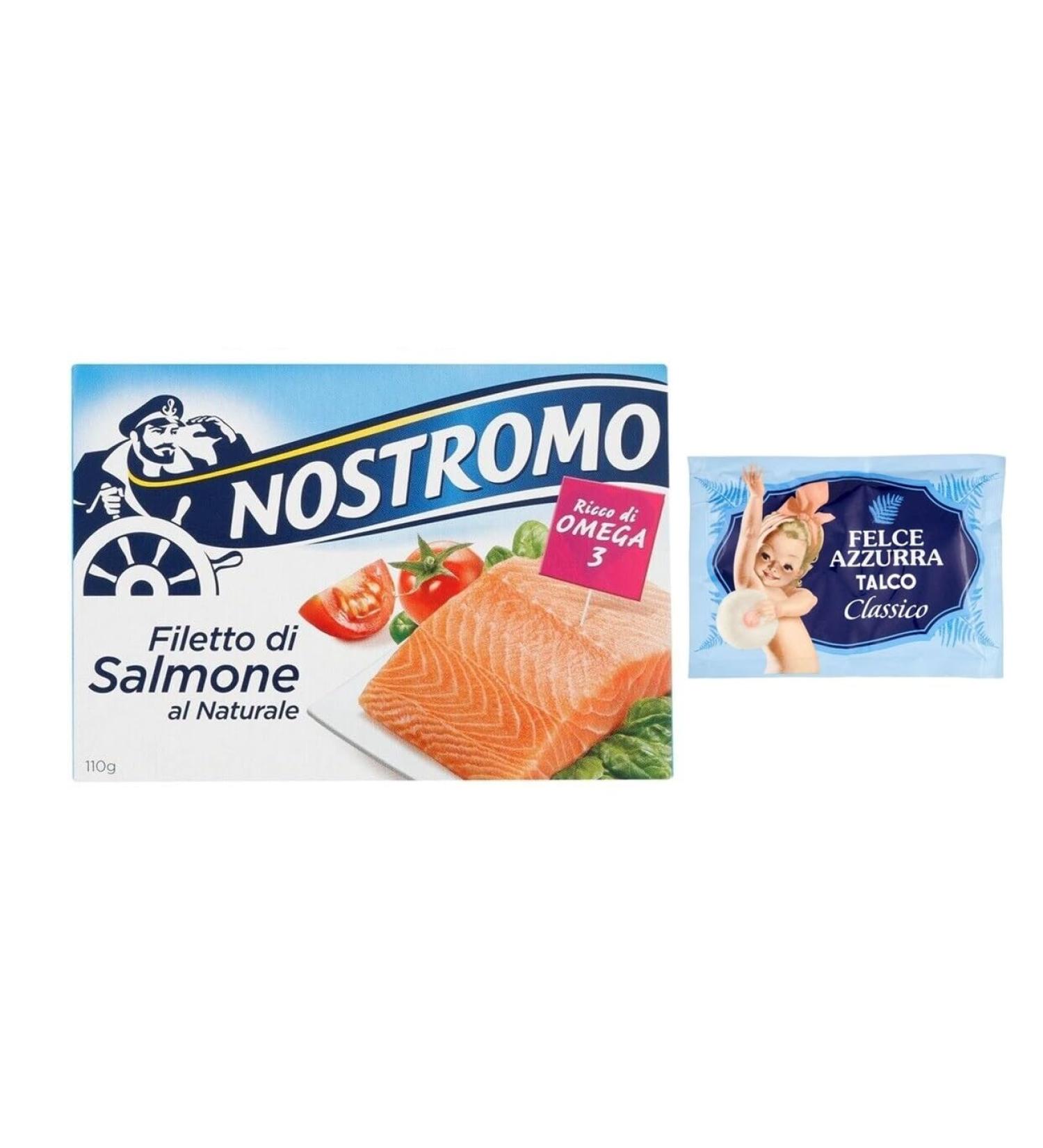 Nostromo Filetti di Salmone al Naturale Lot de 5 filets de saumon naturels 110 g + 1 paquet de poudre de talc Felce Azzurra 100 g - Buy Online on GoSupps.com
