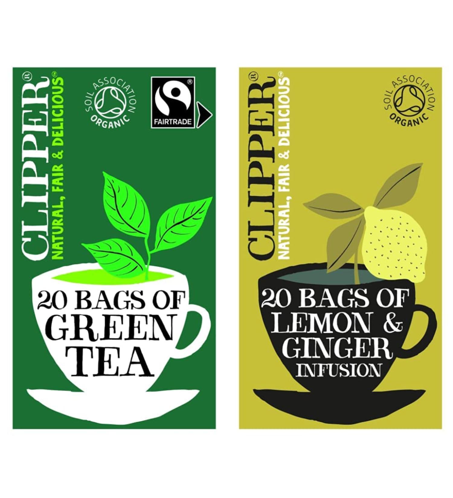 Clipper Organic Pure Green Tea (Pack of 6) & Organic Lemon & Ginger Tea Bags 6 x 20 Teabags + Lemon & Ginger Tea Bags - Buy Online on GoSupps.com