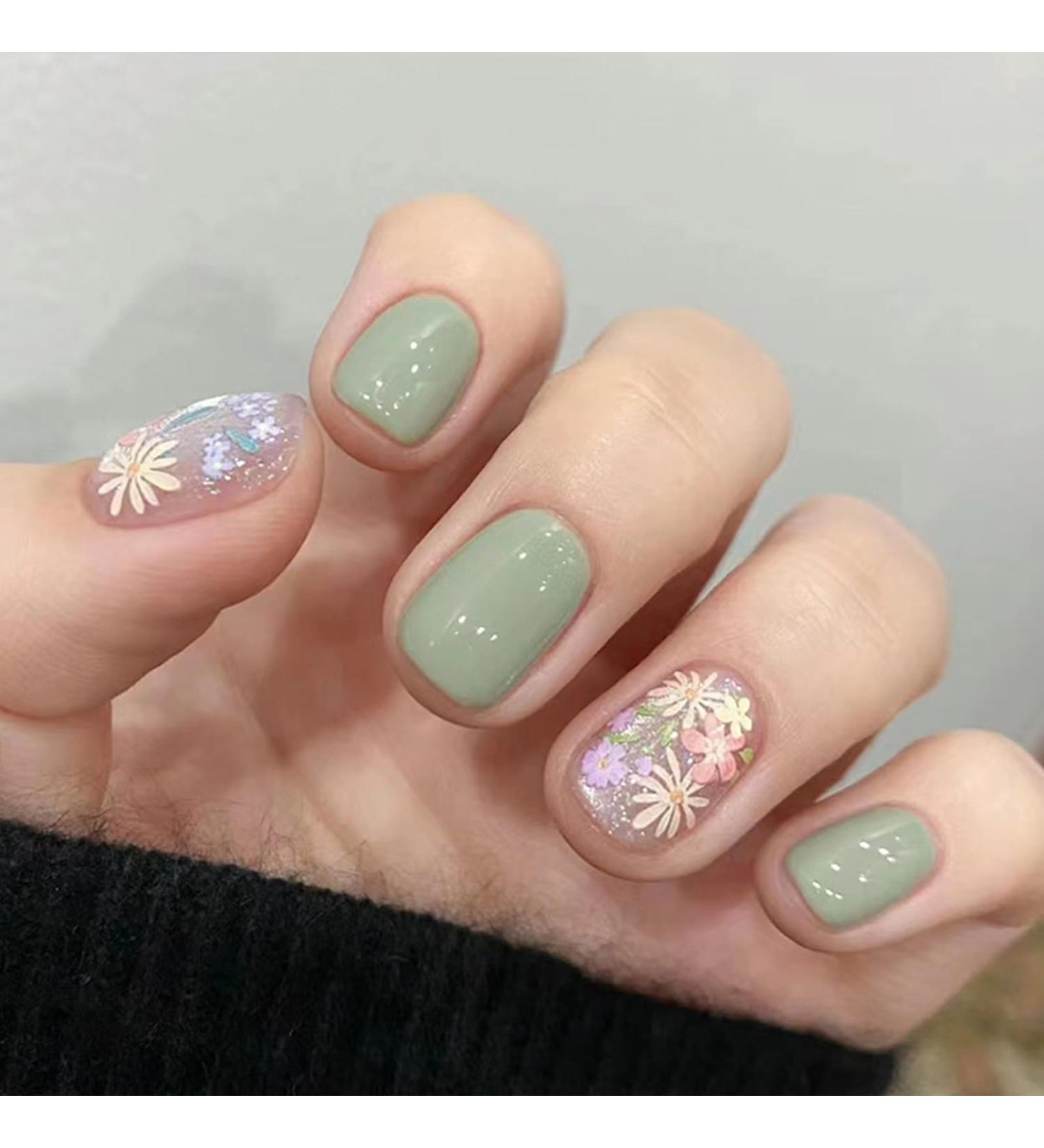 24-Piece Short Press On Nails - Angular Flower Design Full Cover French Acrylics for DIY Manicure - Perfect for Women & Girls - Buy Online on GoSupps.com