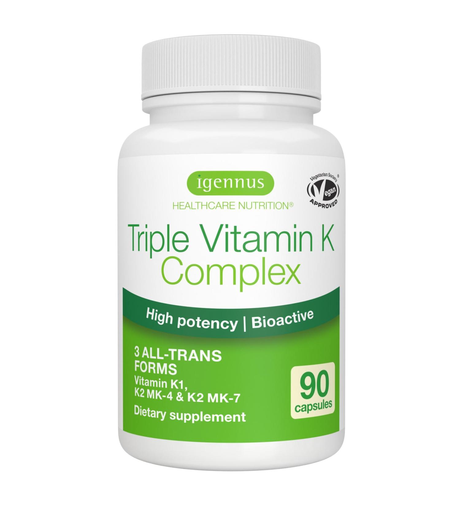 Igennus High Strength Triple Vitamin K Complex 2700 mcg K1 & K2 (MK-4 & MK-7) 1-a-Day Clean Label Advanced Bioactive Forms Bone & Cardiovascular Support Vegan 90 Fast Action Capsules - Buy Online on GoSupps.com