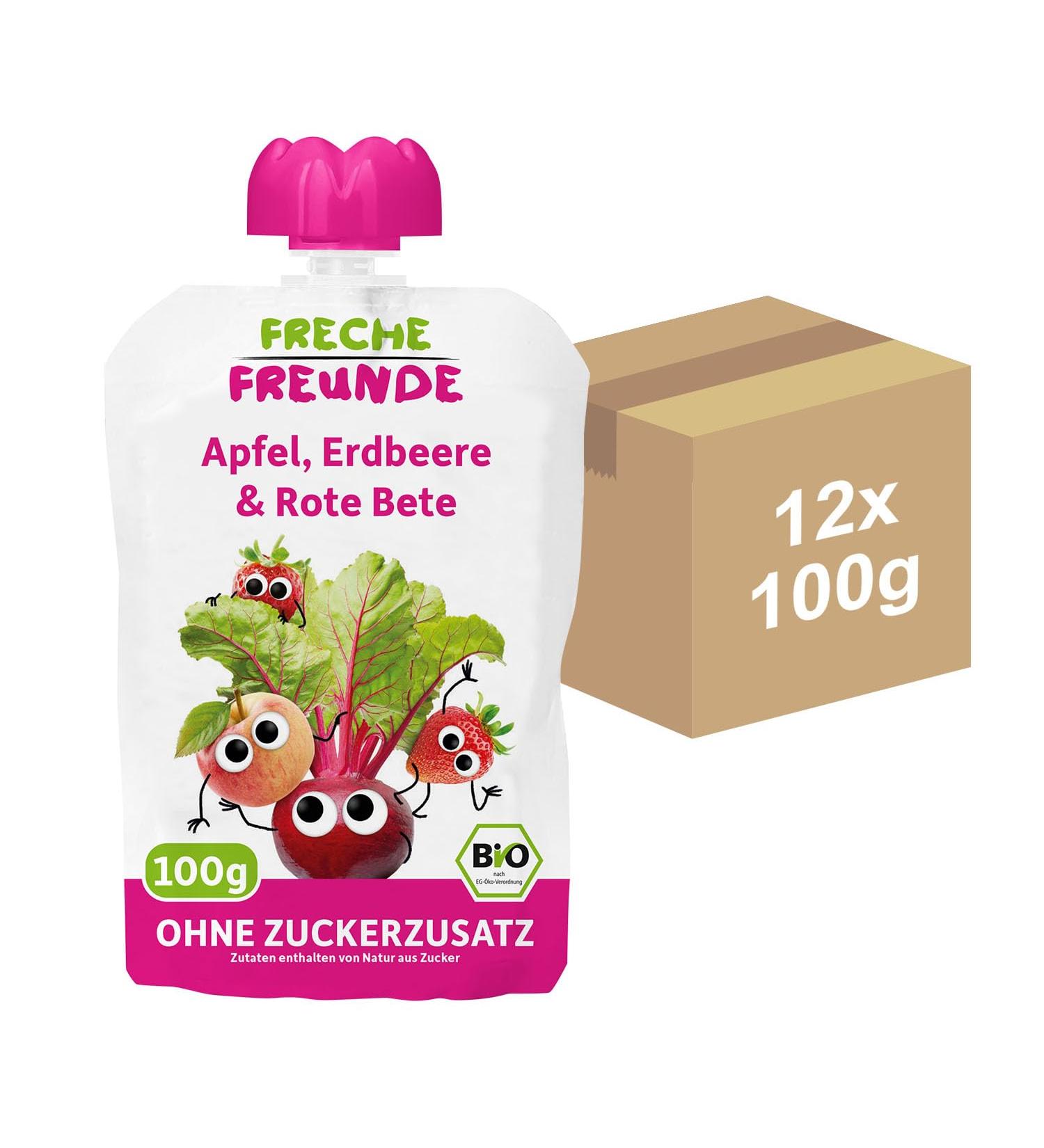 Cheeky Friends Bio Quetschie Fruit Puree for Kids - Apple Strawberry & Beetroot Vegan & Gluten-Free 12 Pack (100g each) | Healthy Snack for Babies 8+ Months - Buy Online on GoSupps.com