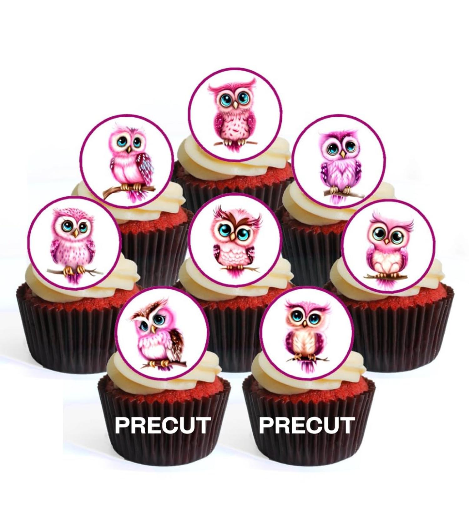 PRECUT Pink Owls Edible Cupcake Toppers - Cute Owl Theme Premium Thickness SWEETENED VANILLA - wafer card disc cake decorations (Pack of 24) - Buy Online on GoSupps.com